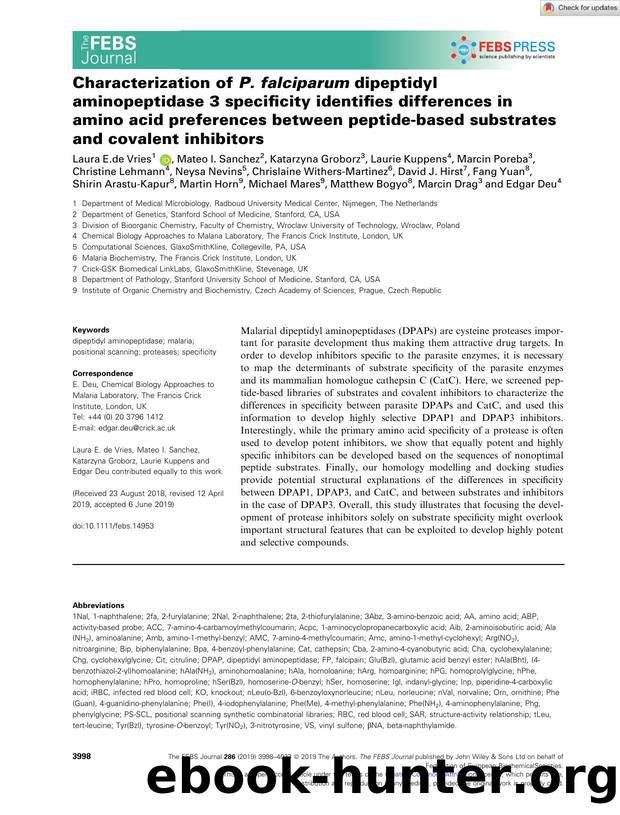 Characterization of P. falciparum dipeptidyl aminopeptidase 3 specificity identifies differences in amino acid preferences between peptideâbased substrates and covalent inhibitors by Unknown