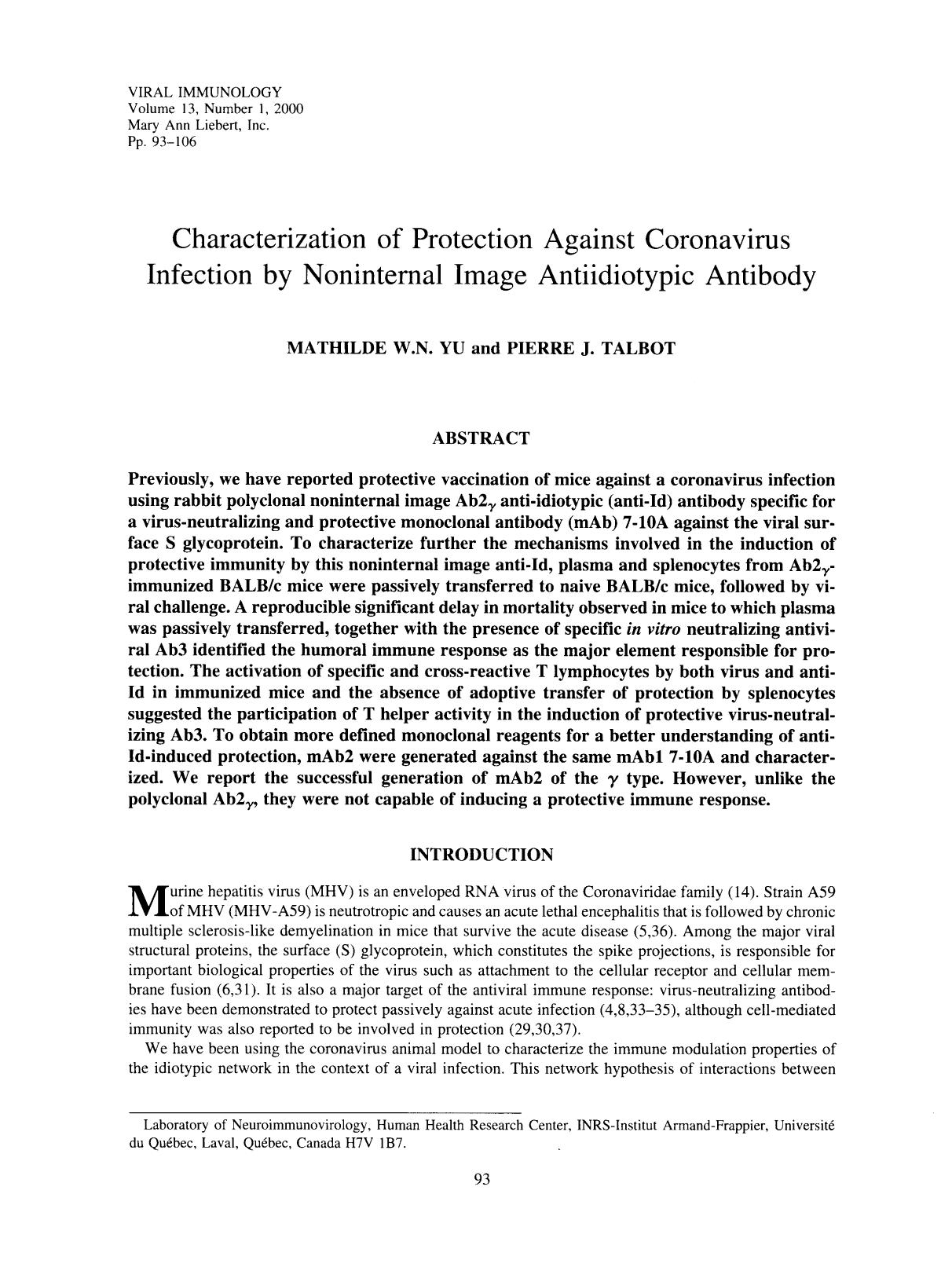 Characterization of Protection Against Coronavirus Infection by Noninternal Image Antiidiotypic Antibody by MATHILDE W.N. YU & PIERRE J. TALBOT