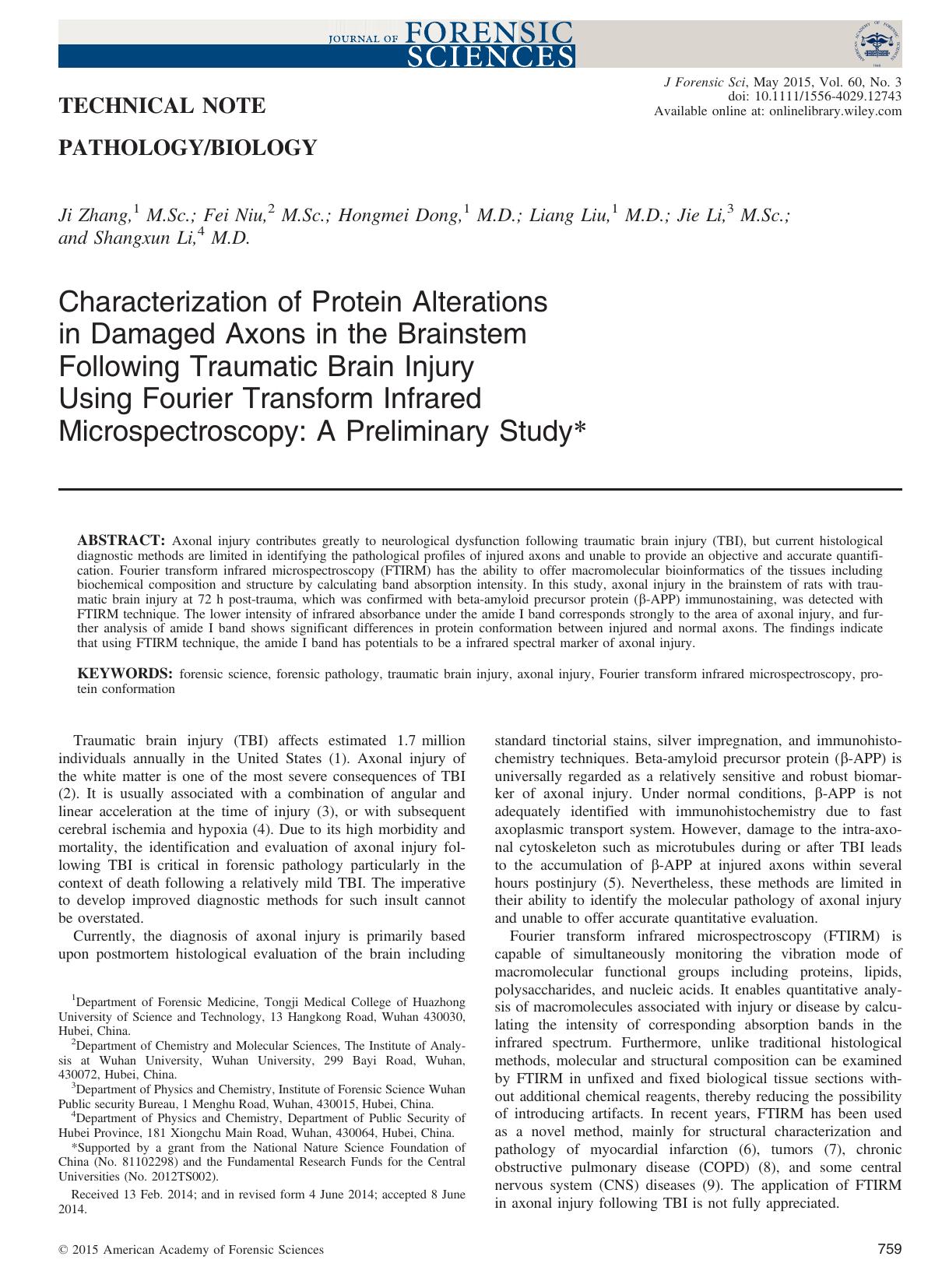 Characterization of Protein Alterations in Damaged Axons in the Brainstem Following Traumatic Brain Injury Using Fourier Transform Infrared Microspectroscopy: A Preliminary Study by Unknown