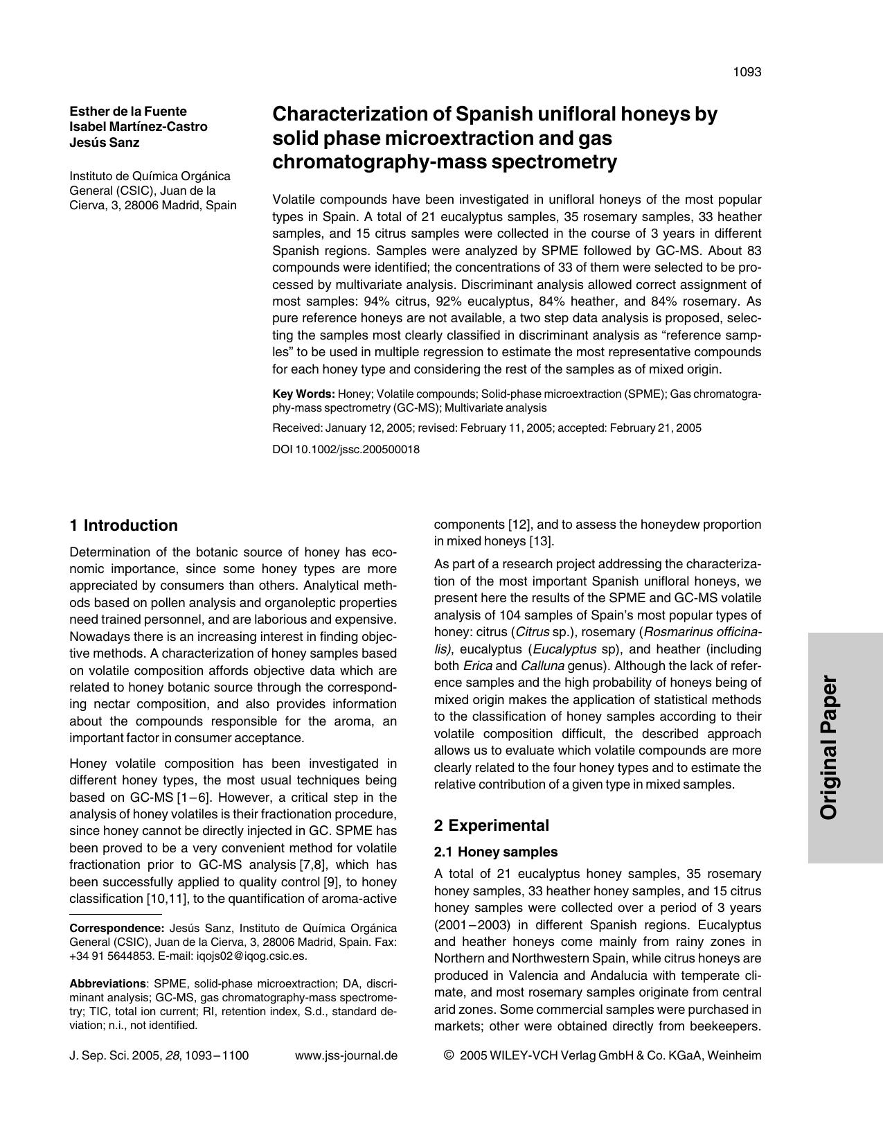 Characterization of Spanish unifloral honeys by solid phase microextraction and gas chromatography-mass spectrometry by Unknown