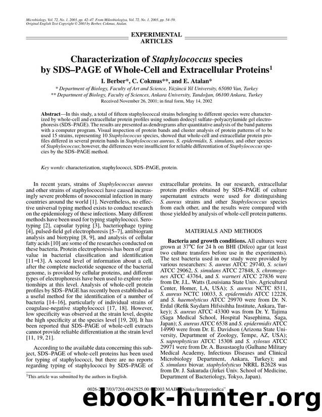 Characterization of Staphylococcus species by SDS–PAGE of Whole-Cell and Extracellular Proteins by Unknown