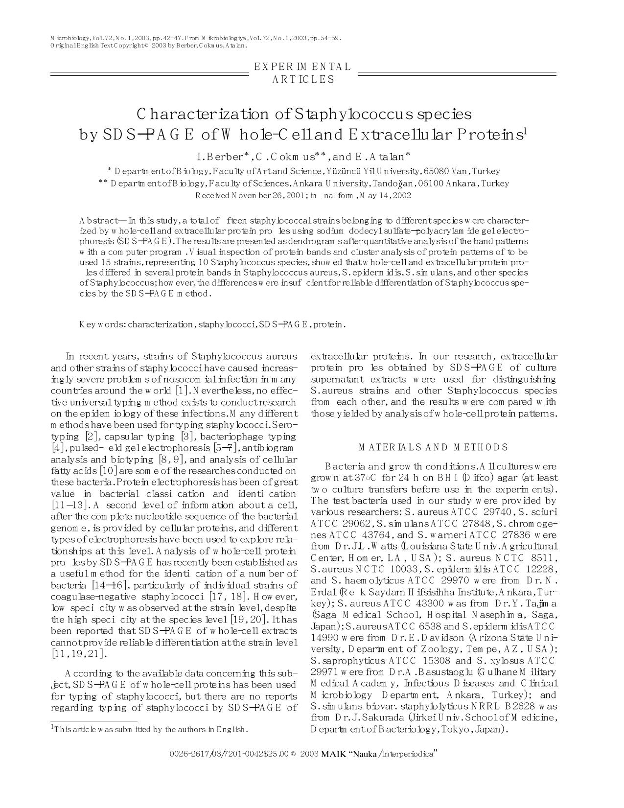 Characterization of Staphylococcus species by SDS–PAGE of Whole-Cell and Extracellular Proteins by unknow