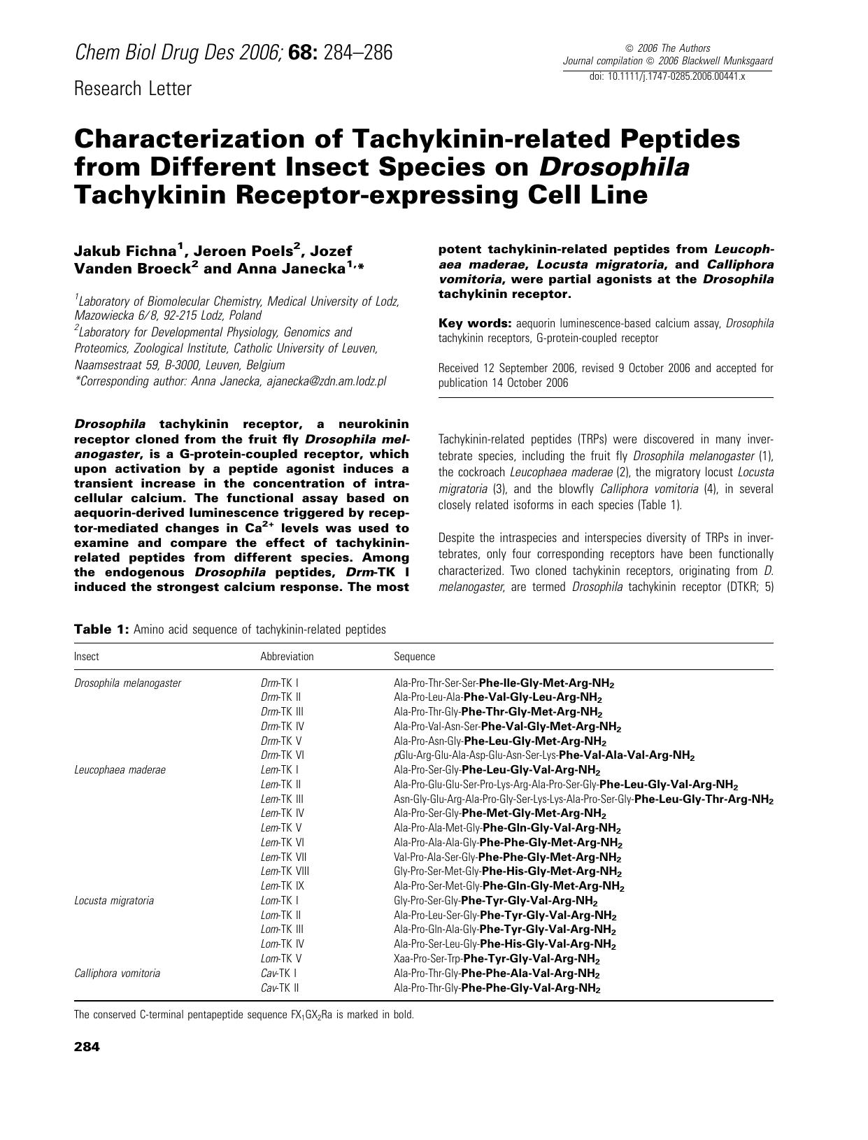 Characterization of Tachykinin-related Peptides from Different Insect Species on Drosophila Tachykinin Receptor-expressing Cell Line by unknow