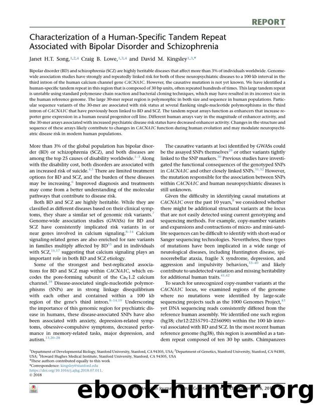 Characterization of a Human-Specific Tandem Repeat Associated with Bipolar Disorder and Schizophrenia by Janet H.T. Song & Craig B. Lowe & David M. Kingsley