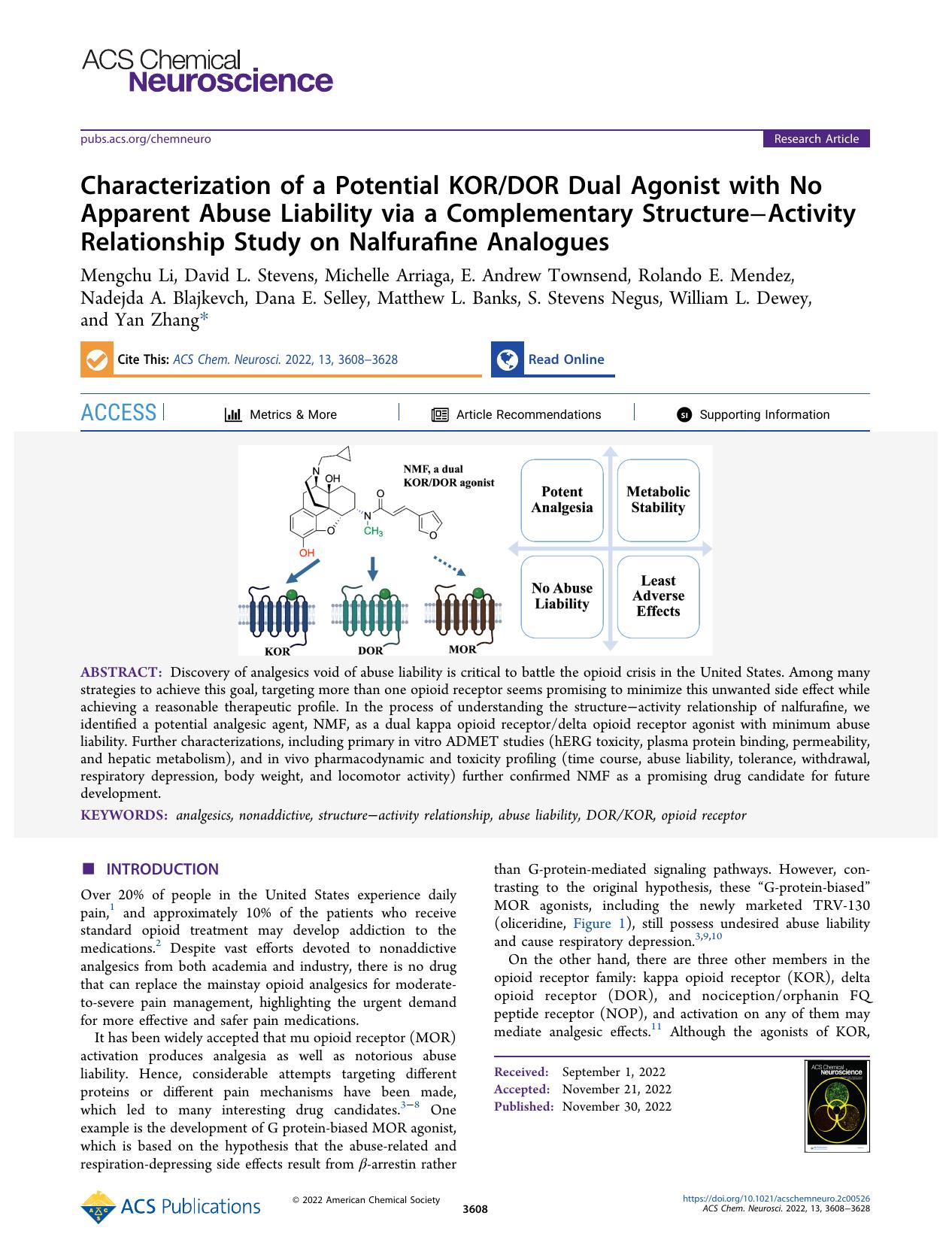 Characterization of a Potential KORDOR Dual Agonist with No Apparent Abuse Liability via a Complementary StructureâActivity Relationship Study on Nalfurafine Analogues by unknow