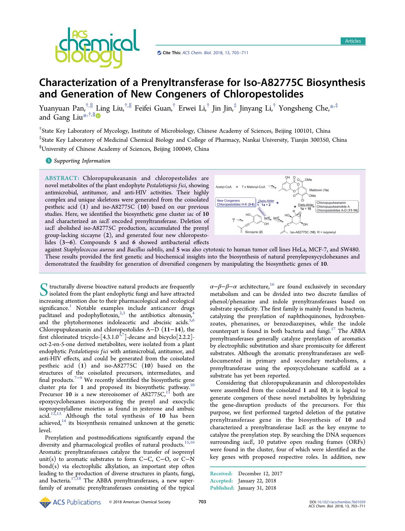Characterization of a Prenyltransferase for Iso-A82775C Biosynthesis and Generation of New Congeners of Chloropestolides by Yuanyuan Pan Ling Liu Feifei Guan Erwei Li Jin Jin Jinyang Li Yongsheng Che and Gang Liu
