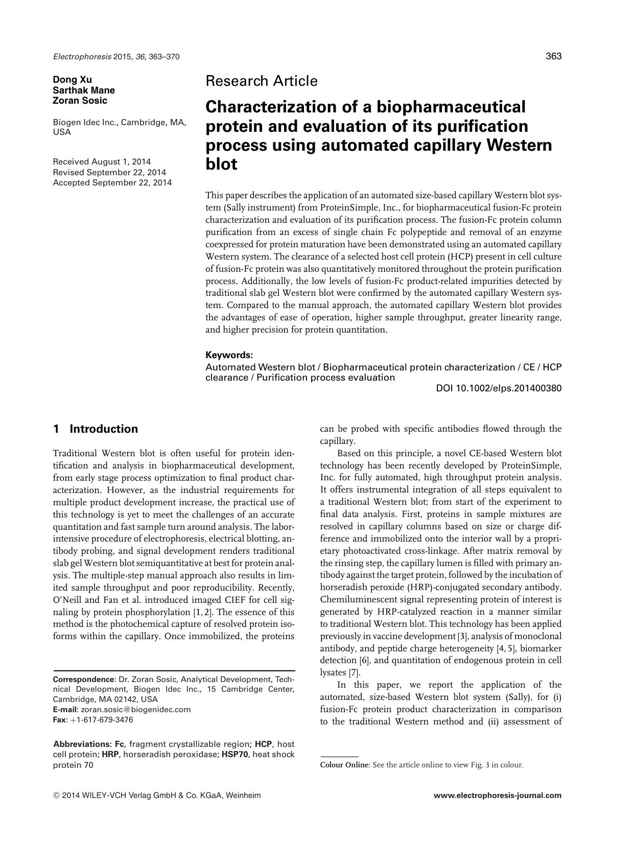 Characterization of a biopharmaceutical protein and evaluation of its purification process using automated capillary Western blot by Unknown
