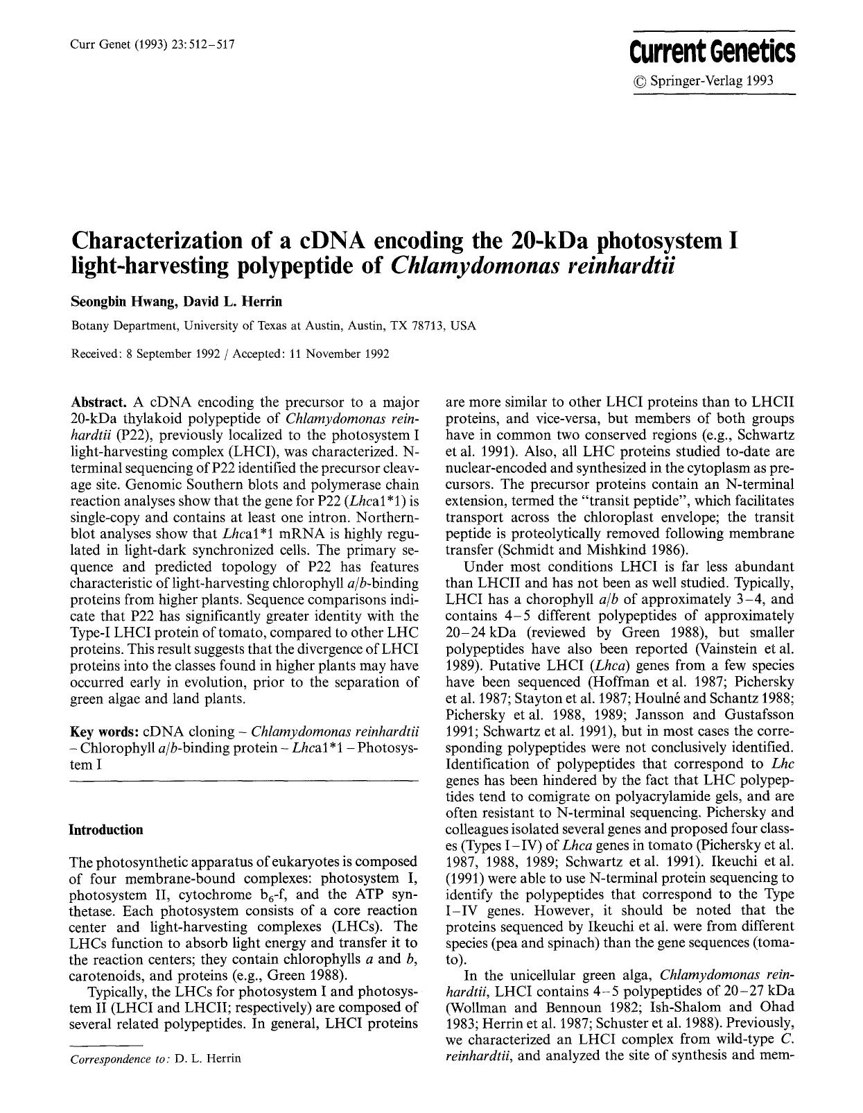 Characterization of a cDNA encoding the 20-kDa photosystem I light-harvesting polypeptide of <Emphasis Type="Italic">Chlamydomonas reinhardtii<Emphasis> by Unknown