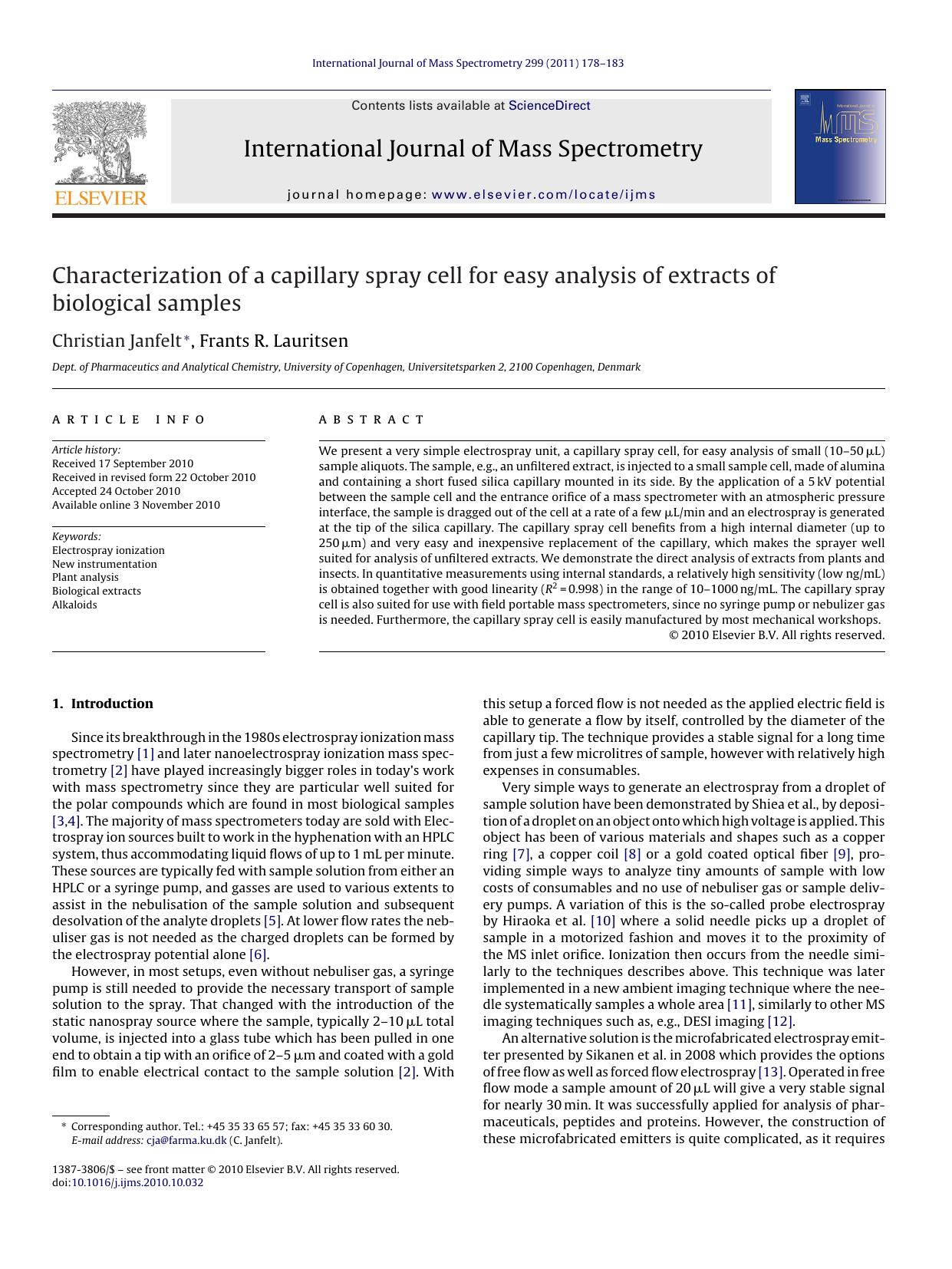 Characterization of a capillary spray cell for easy analysis of extracts of biological samples by Christian Janfelt