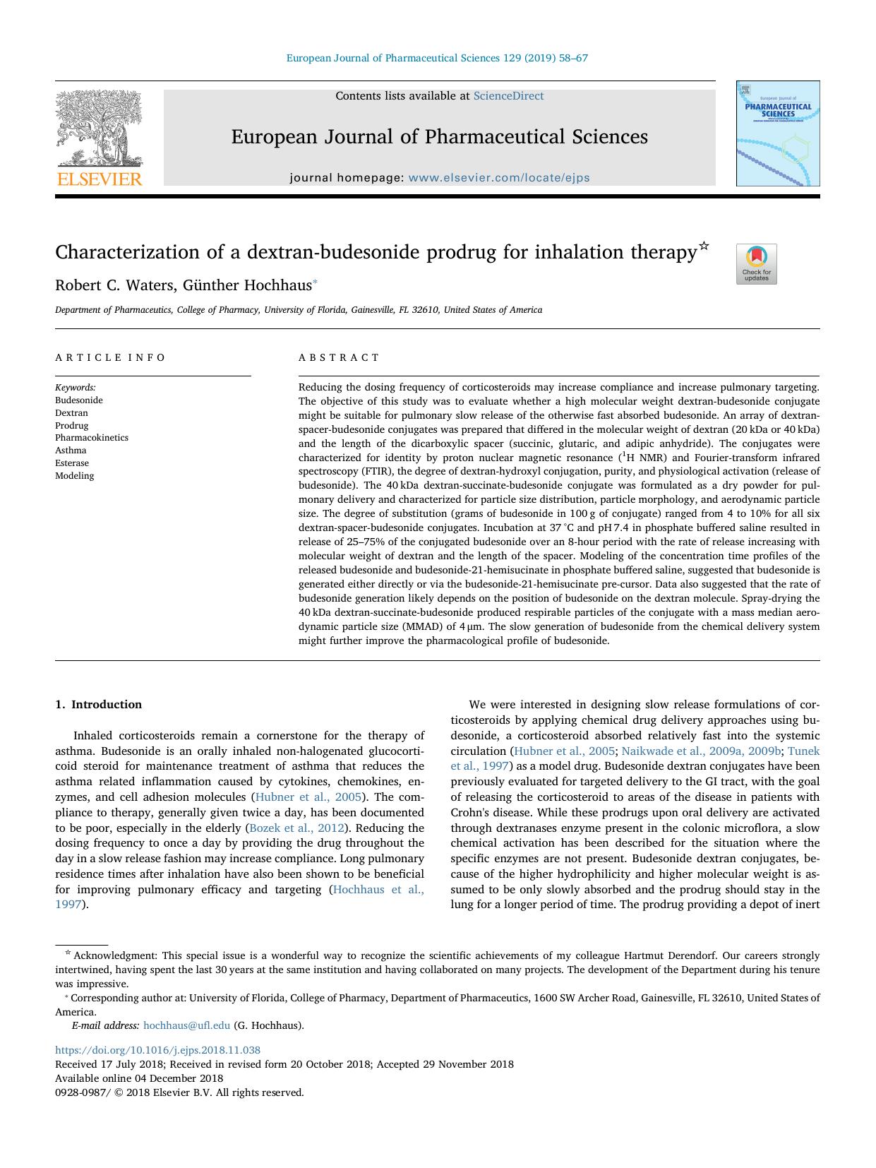 Characterization of a dextran-budesonide prodrug for inhalation therapy by Robert C. Waters & Günther Hochhaus