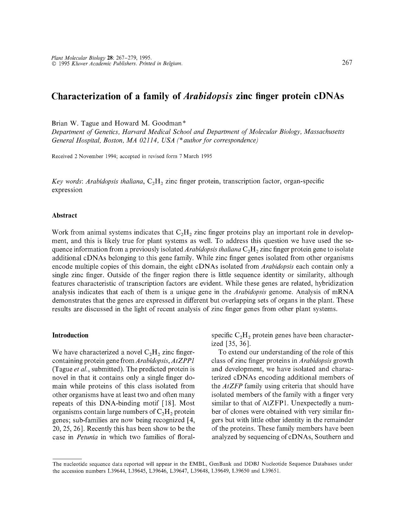 Characterization of a family of <Emphasis Type="Italic">Arabidopsis <Emphasis> zinc finger protein cDNAs by Unknown