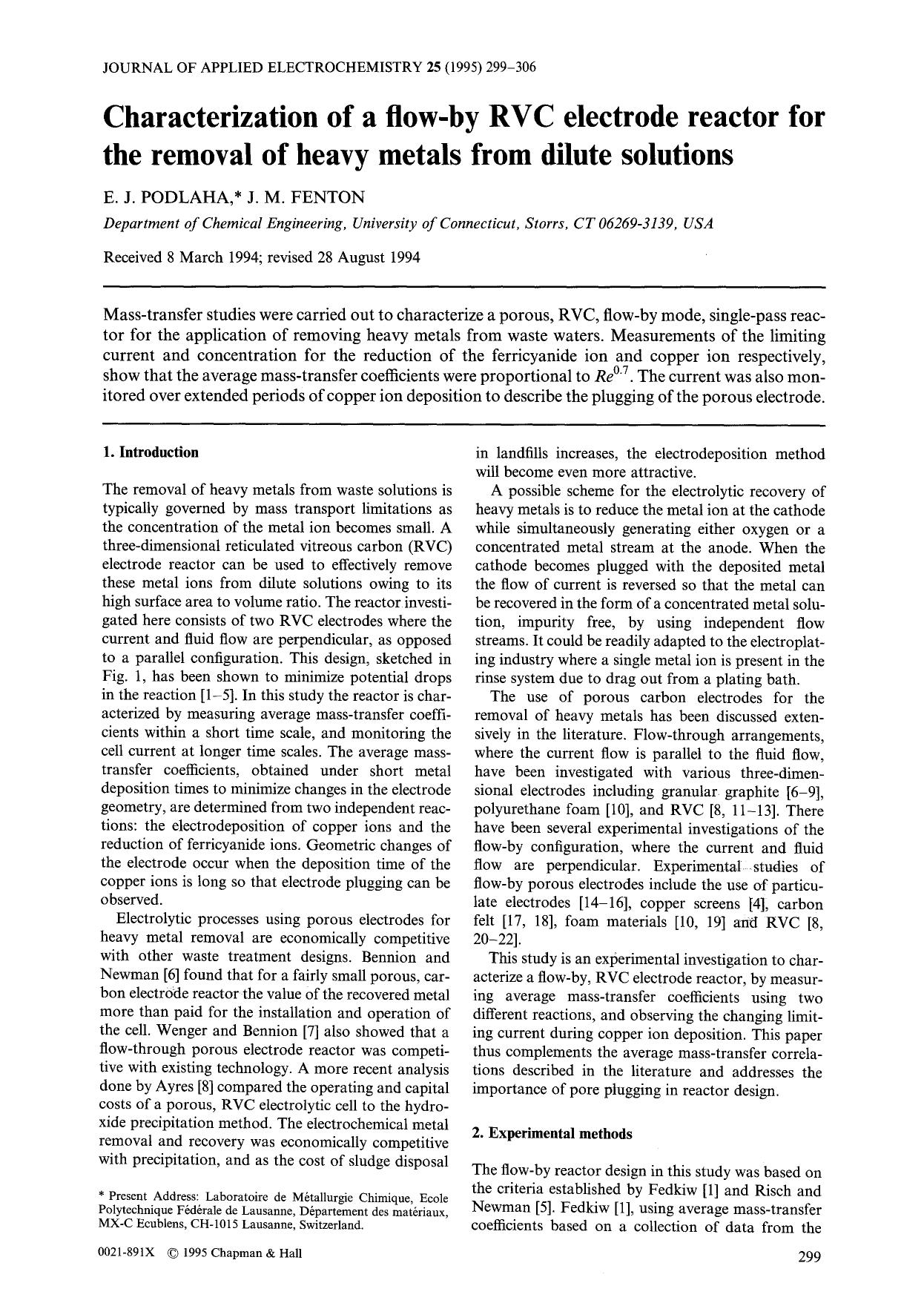 Characterization of a flow-by RVC electrode reactor for the removal of heavy metals from dilute solutions by Unknown