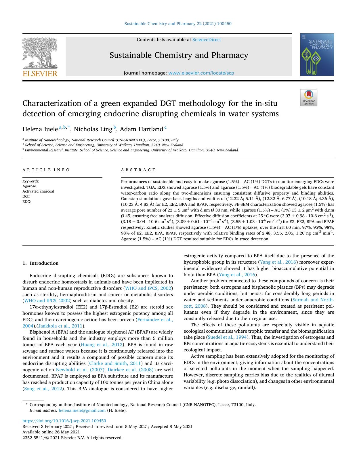 Characterization of a green expanded DGT methodology for the in-situ detection of emerging endocrine disrupting chemicals in water systems by Helena Iuele & Nicholas Ling & Adam Hartland