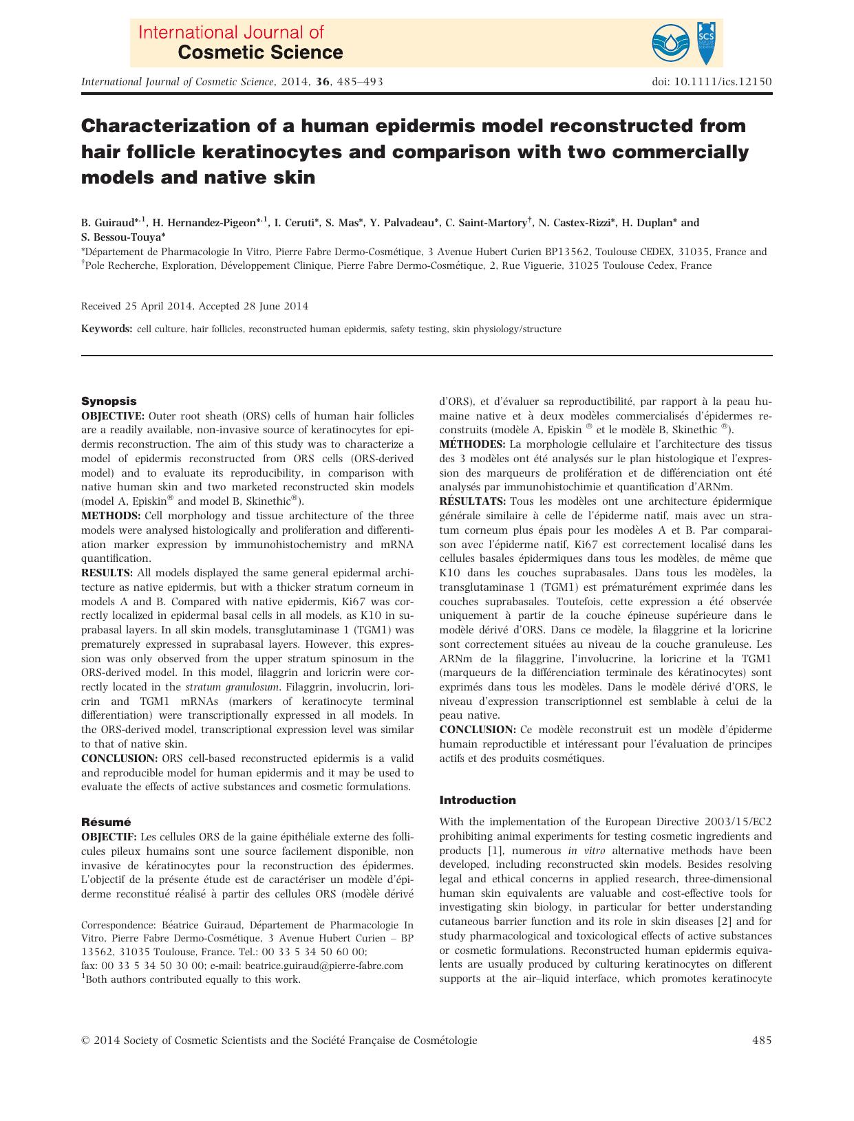 Characterization of a human epidermis model reconstructed from hair follicle keratinocytes and comparison with two commercially models and native skin by Unknown