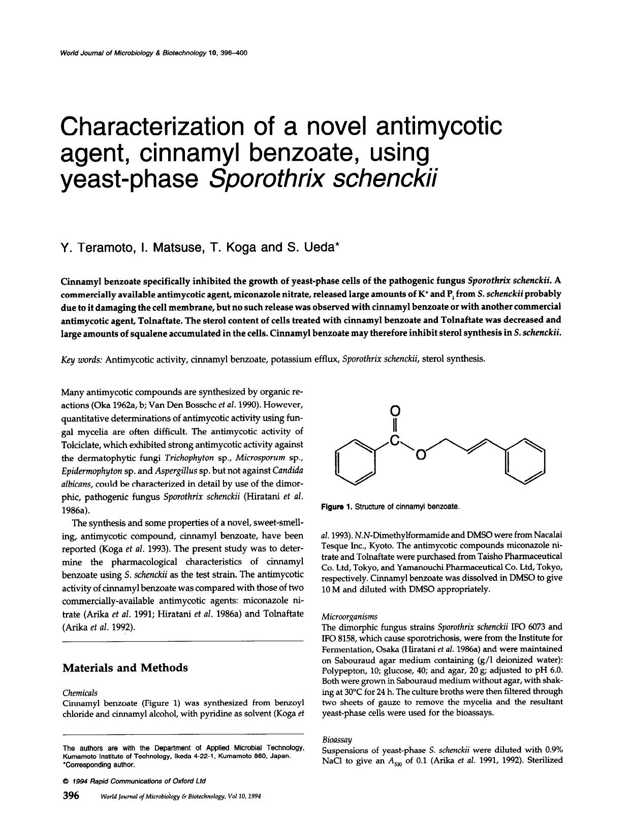 Characterization of a novel antimycotic agent, cinnamyl benzoate, using yeast-phase <Emphasis Type="Italic">Sporothrix schenckii<Emphasis> by Unknown