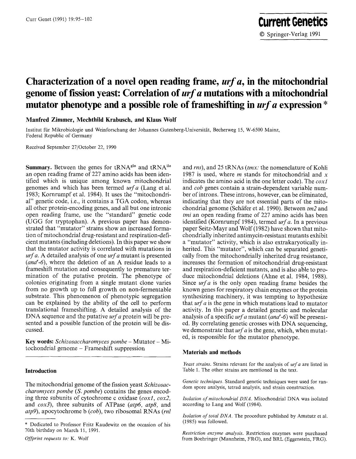 Characterization of a novel open reading frame, <Emphasis Type="Italic">urf a<Emphasis>, in the mitochondrial genome of fission yeast: Correlation of <Emphasis Type="Italic">urf a< by Unknown