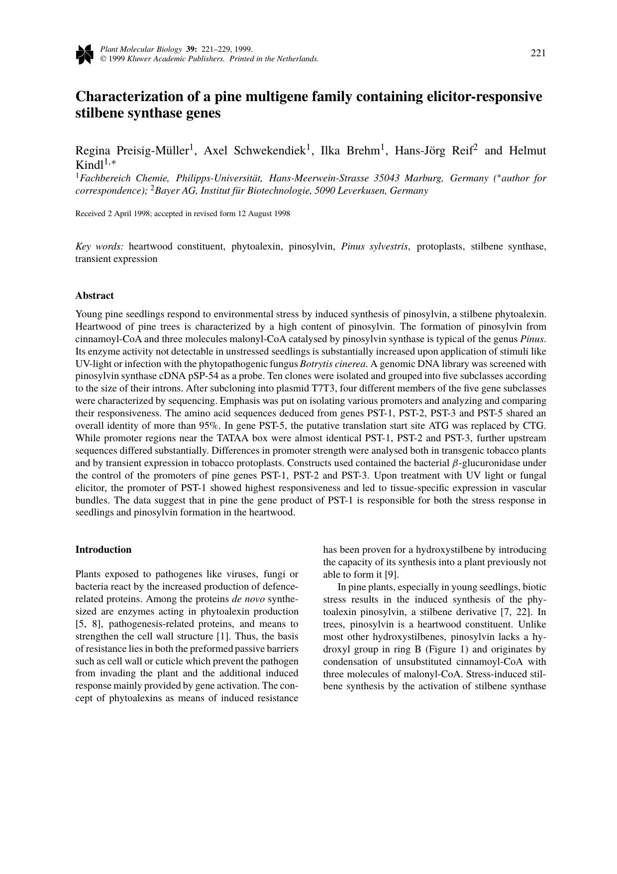 Characterization of a pine multigene family containing elicitor- responsive stilbene synthase genes by Unknown