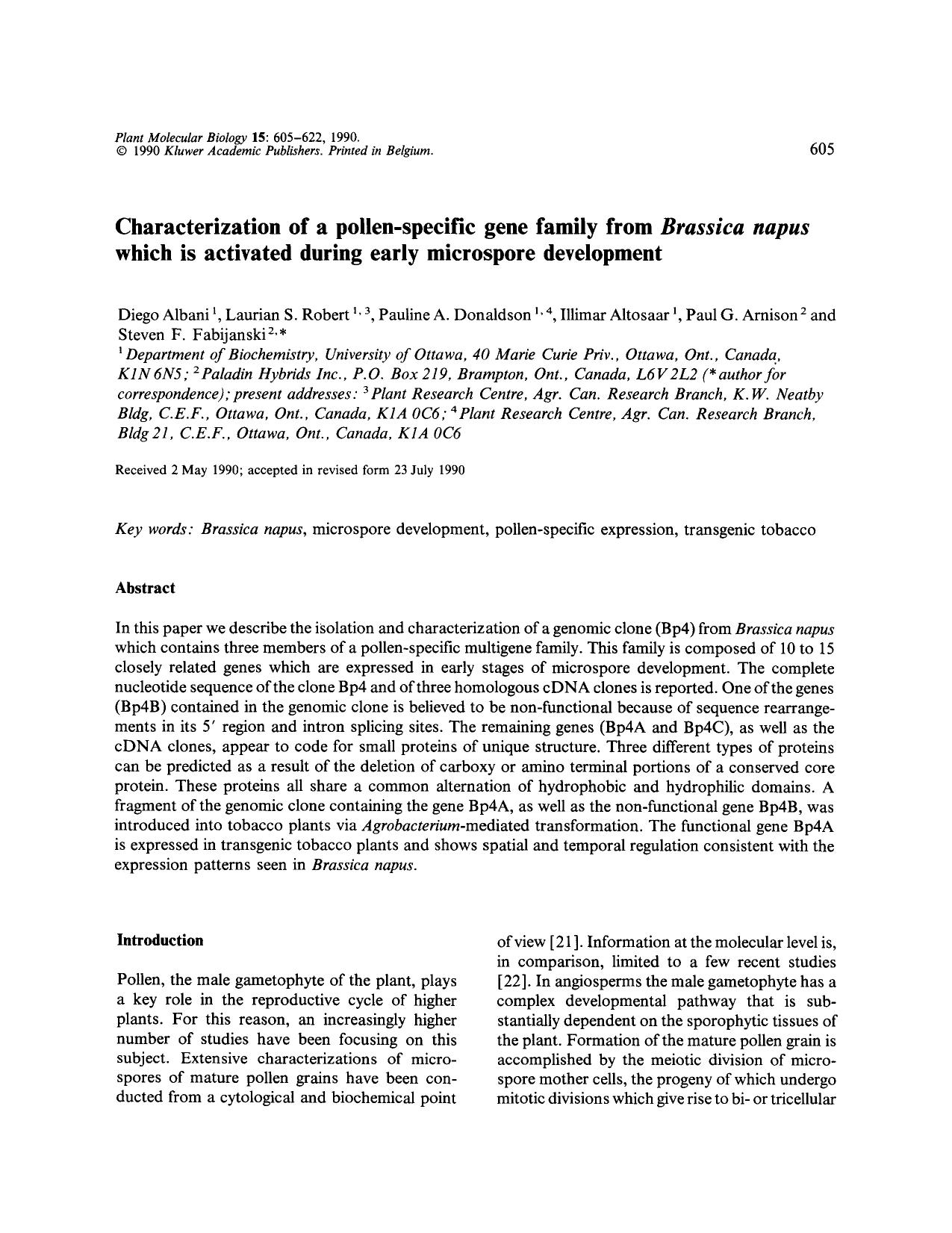 Characterization of a pollen-specific gene family from <Emphasis Type="Italic">Brassica napus <Emphasis> which is activated during early microspore development by Unknown