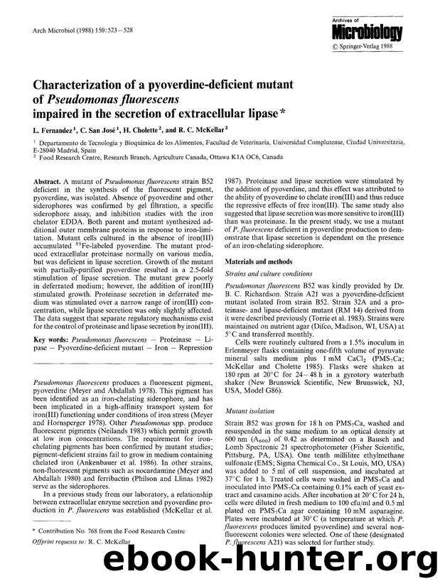 Characterization of a pyoverdine-deficient mutant of <Emphasis Type="Italic">Pseudomonas fluorescens<Emphasis> impaired in the secretion of extracellular lipase by Unknown
