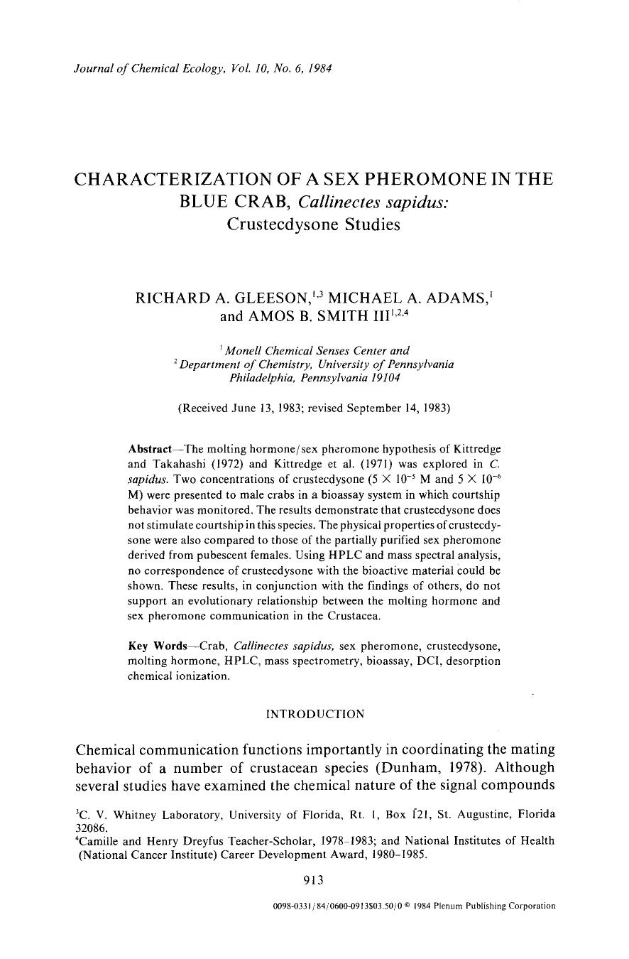 Characterization of a sex pheromone in the blue crab, <Emphasis Type="Italic">Callinectes sapidus <Emphasis>: Crustecdysone studies by Unknown