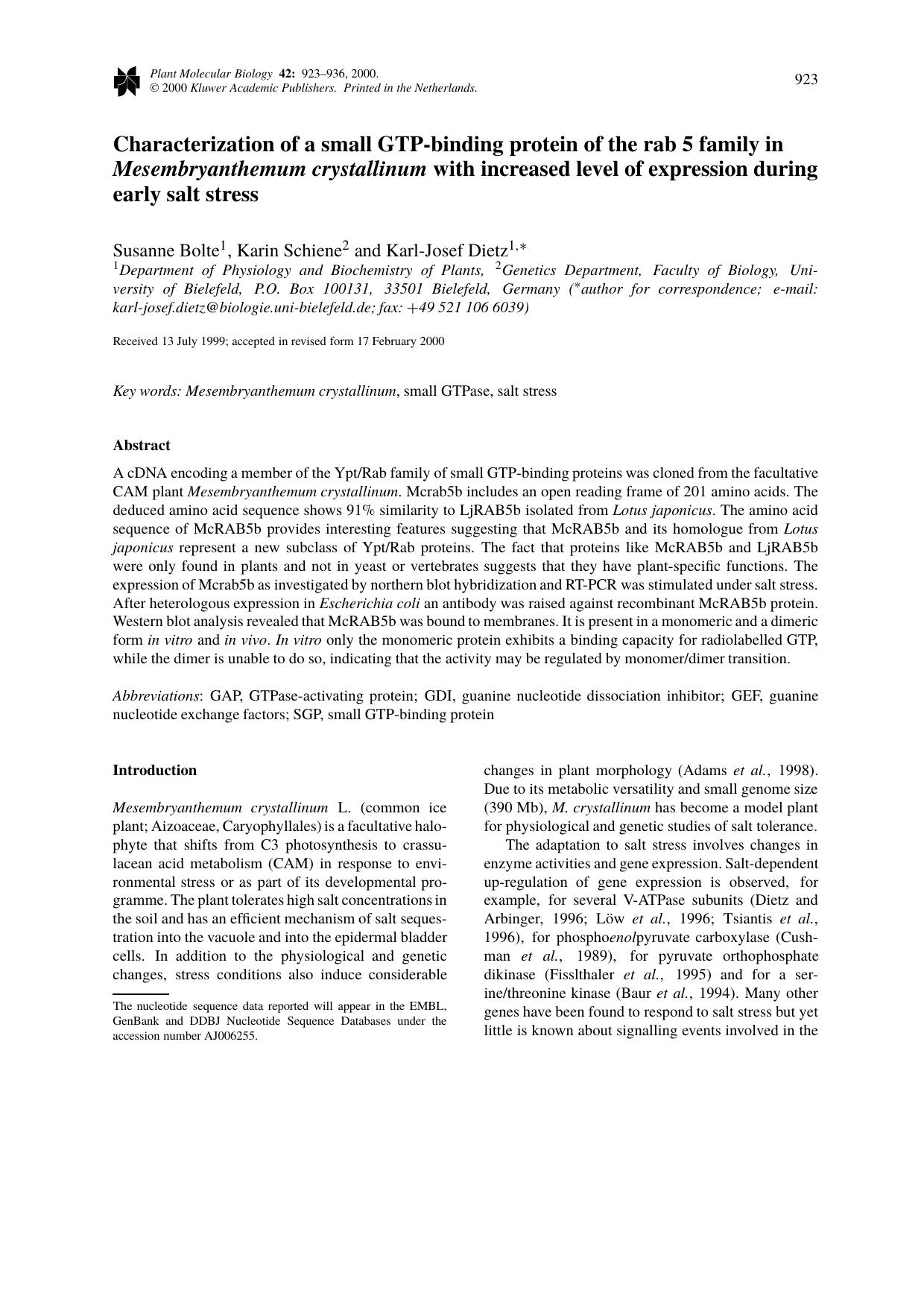Characterization of a small GTP-binding protein of the rab 5 family in Mesembryanthemum crystallinum with increased level of expression during early salt stress by Unknown