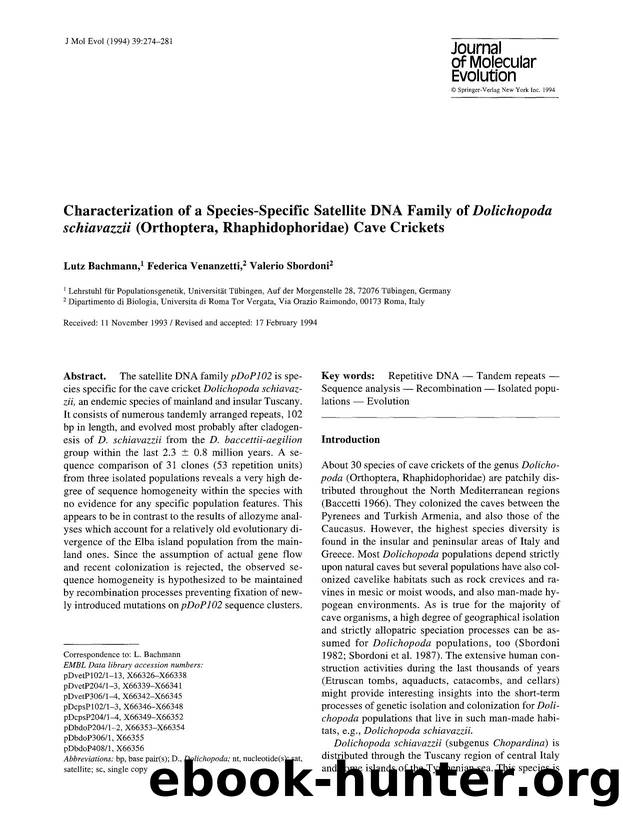Characterization of a species-specific satellite DNA family of <Emphasis Type="Italic">Dolichopoda schiavazzii<Emphasis> (Orthoptera, Rhaphidophoridae) cave crickets by Unknown