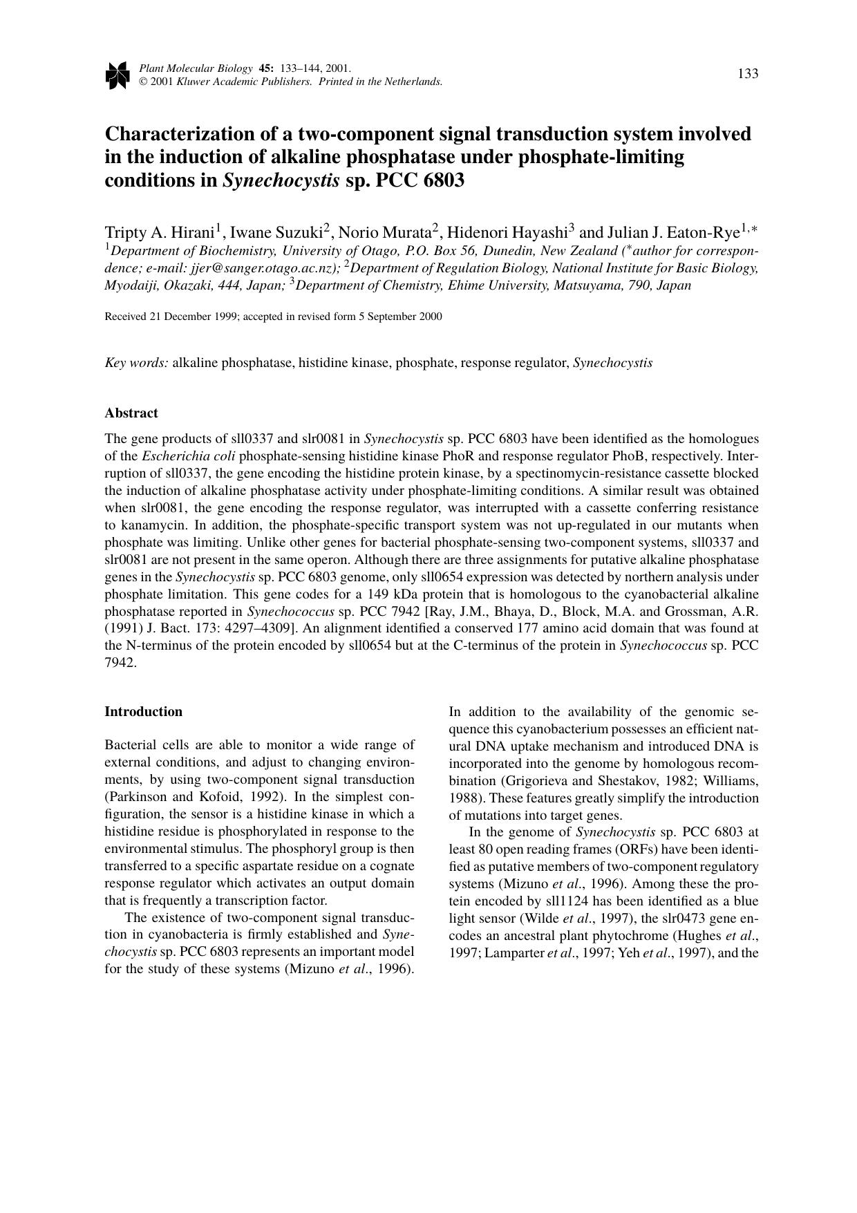 Characterization of a two-component signal transduction system involved in the induction of alkaline phosphatase under phosphate-limiting conditions in Synechocystis sp. PCC 6803 by Unknown