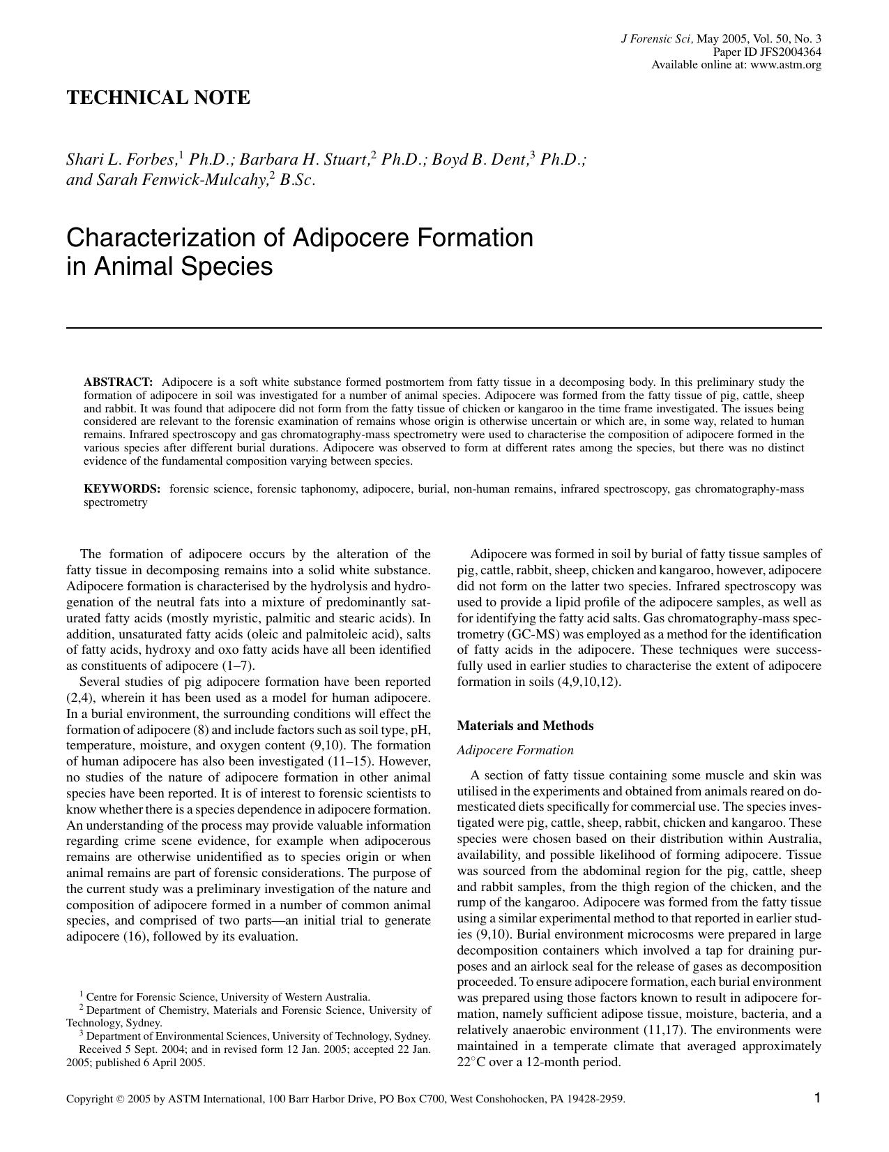 Characterization of adipocere formation in animal species by Forbes SL Stuart BH Dent BB Fenwick-Mulcahy S