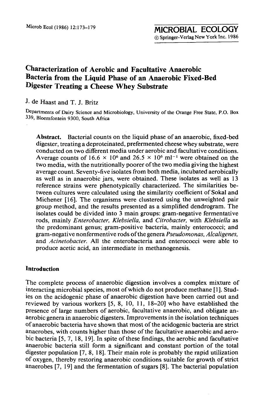 Characterization of aerobic and facultative anaerobic bacteria from the liquid phase of an anaerobic fixed-bed digester treating a cheese whey substrate by Unknown