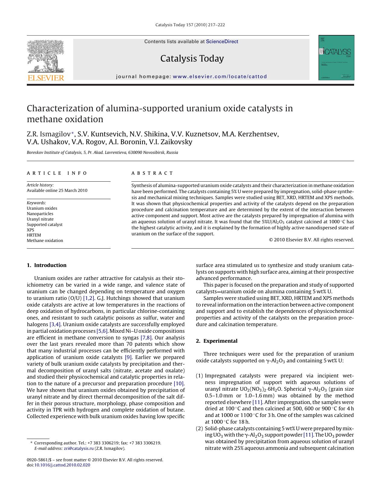 Characterization of alumina-supported uranium oxide catalysts in methane oxidation by Z.R. Ismagilov