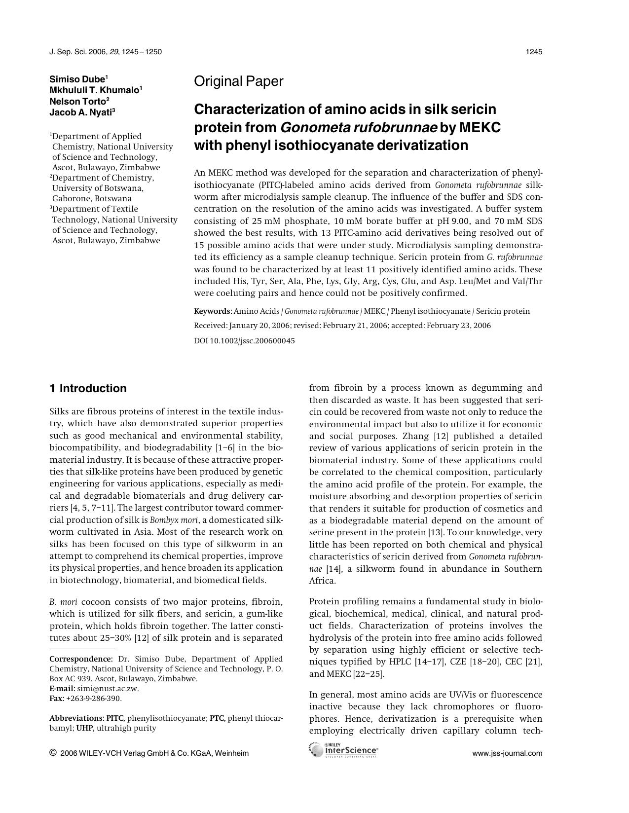 Characterization of amino acids in silk sericin protein from Gonometa rufobrunnae by MEKC with phenyl isothiocyanate derivatization by Unknown