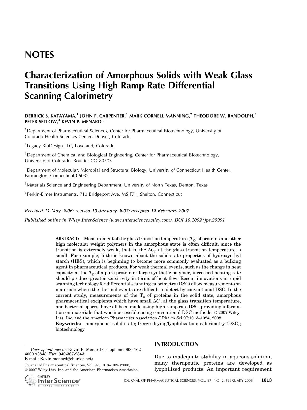 Characterization of amorphous solids with weak glass transitions using high ramp rate differential scanning calorimetry by Unknown