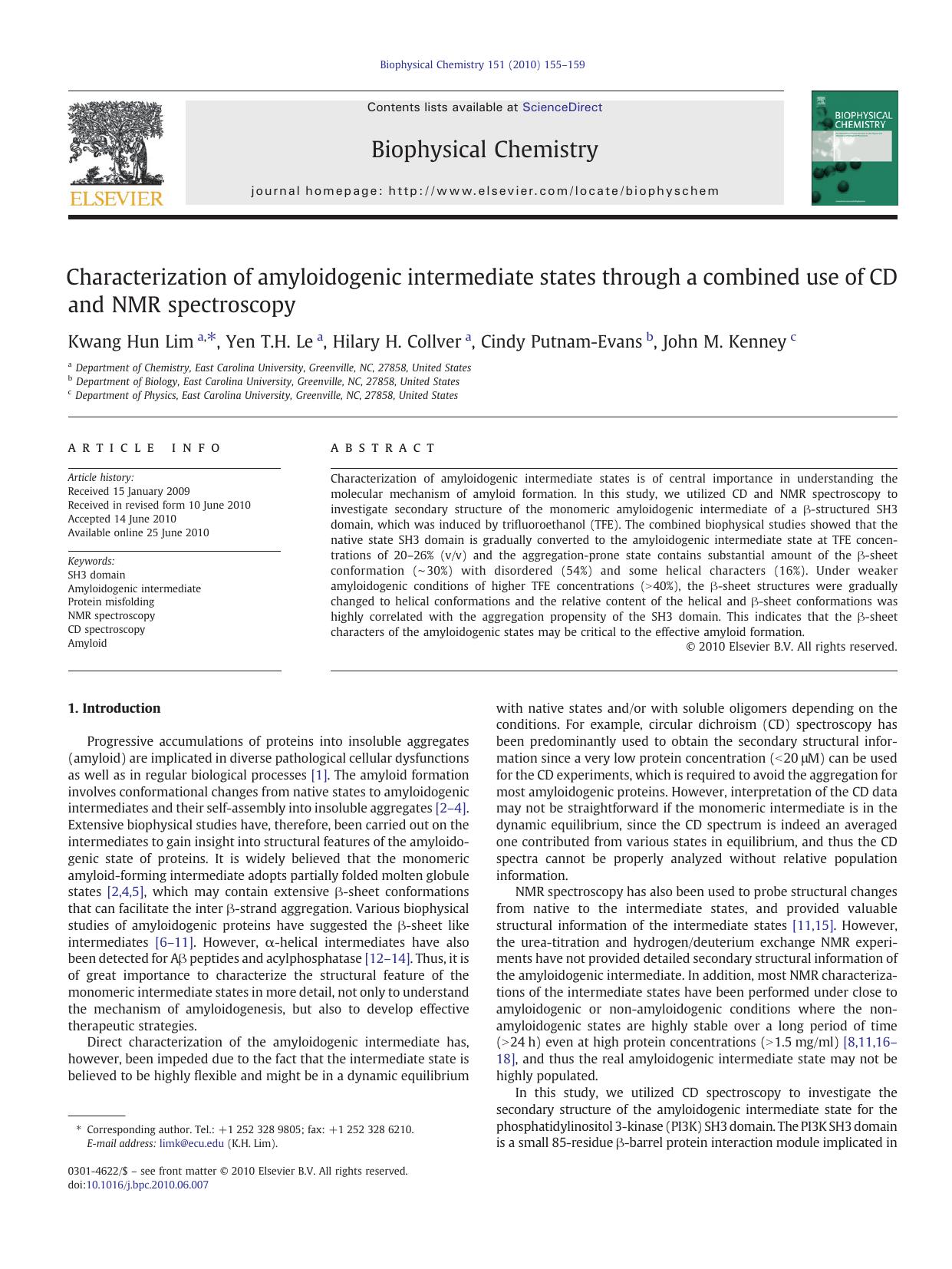 Characterization of amyloidogenic intermediate states through a combined use of CD and NMR spectroscopy by Kwang Hun Lim & Yen T.H. Le & Hilary H. Collver & Cindy Putnam-Evans & John M. Kenney