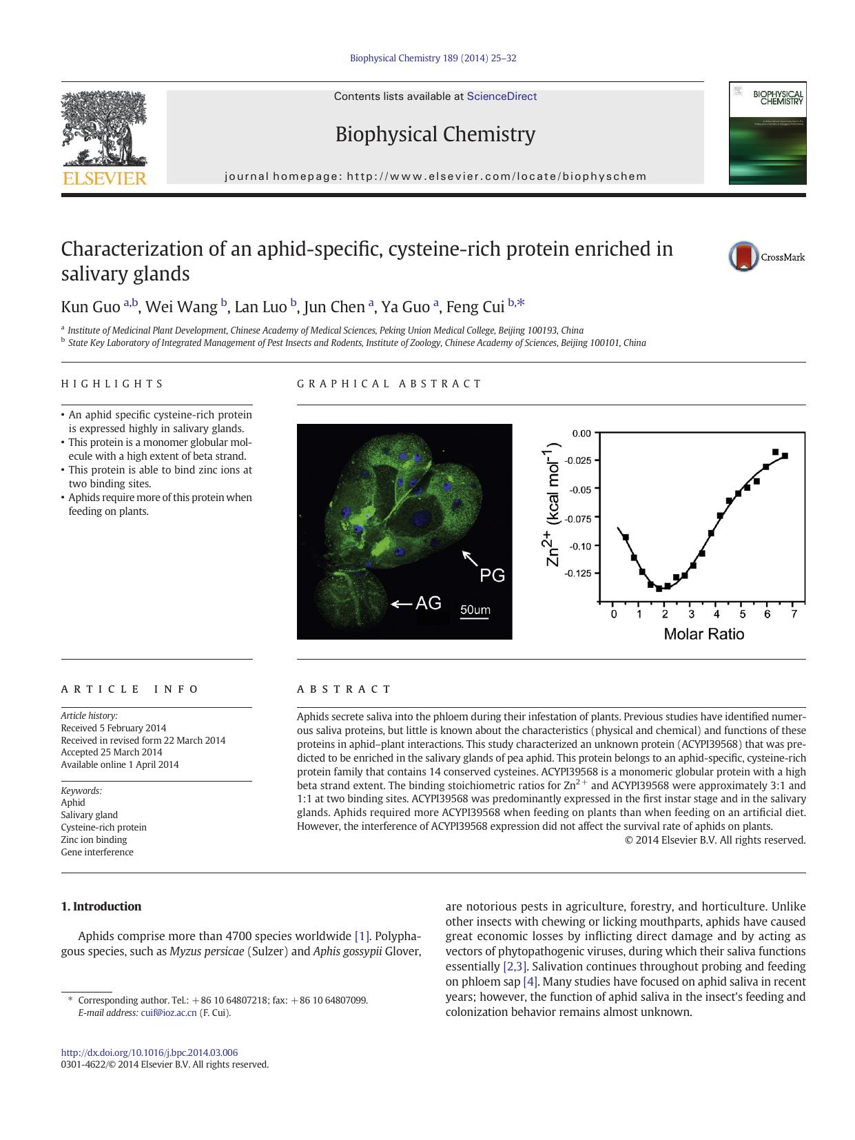 Characterization of an aphid-specific, cysteine-rich protein enriched in salivary glands by Kun Guo & Wei Wang & Lan Luo & Jun Chen & Ya Guo & Feng Cui