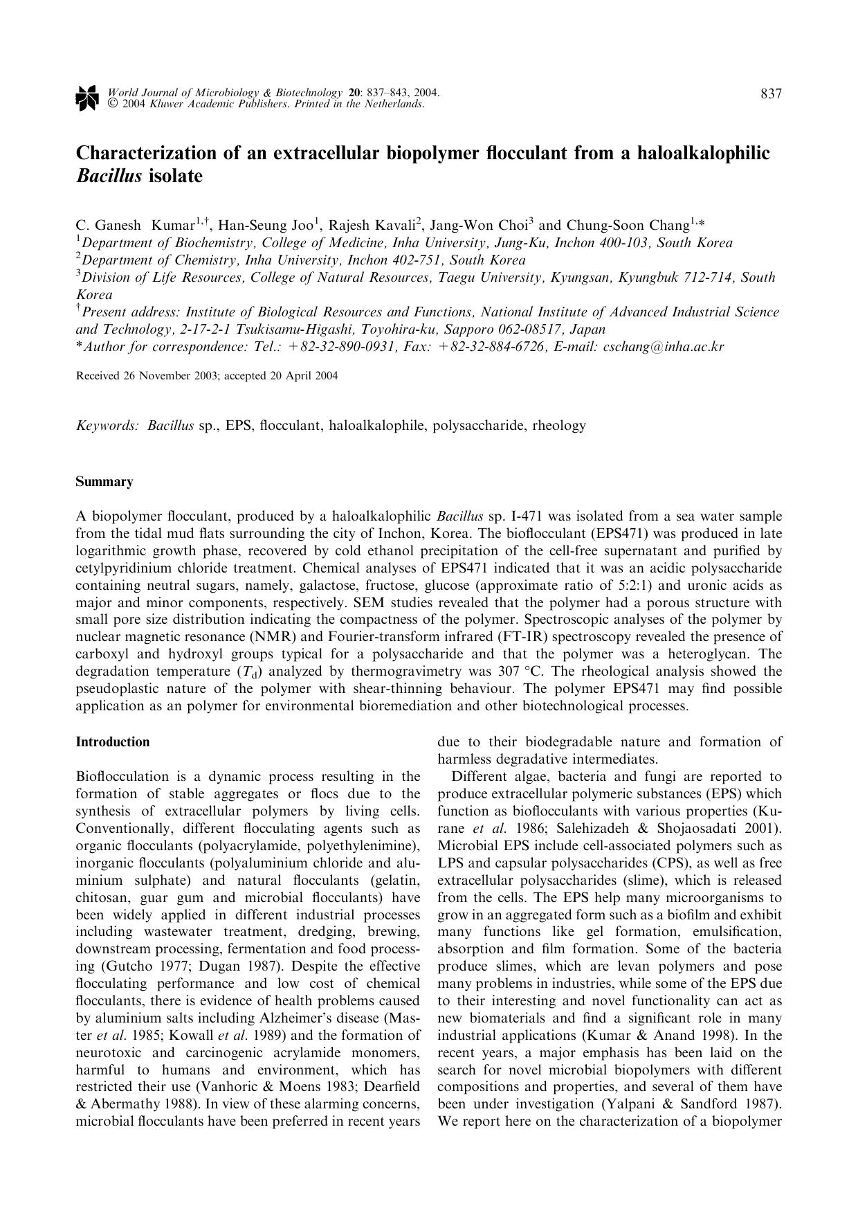 Characterization of an extracellular biopolymer flocculant from a haloalkalophilic <Emphasis Type="Italic">Bacillus<Emphasis> isolate by Unknown