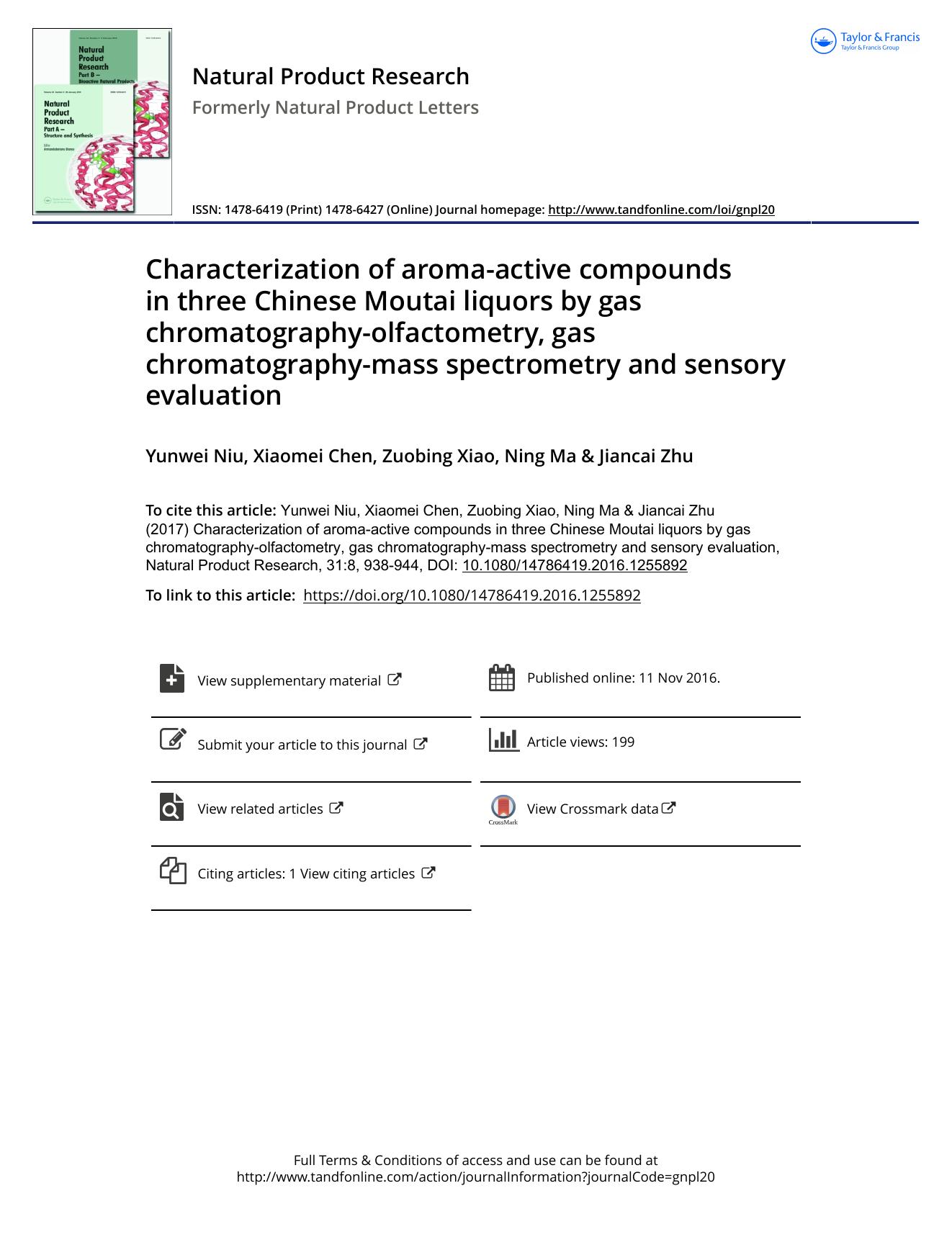 Characterization of aroma-active compounds in three Chinese Moutai liquors by gas chromatography-olfactometry, gas chromatography-mass spectrometry and sensory evaluation by Yunwei Niu & Xiaomei Chen & Zuobing Xiao & Ning Ma & Jiancai Zhu