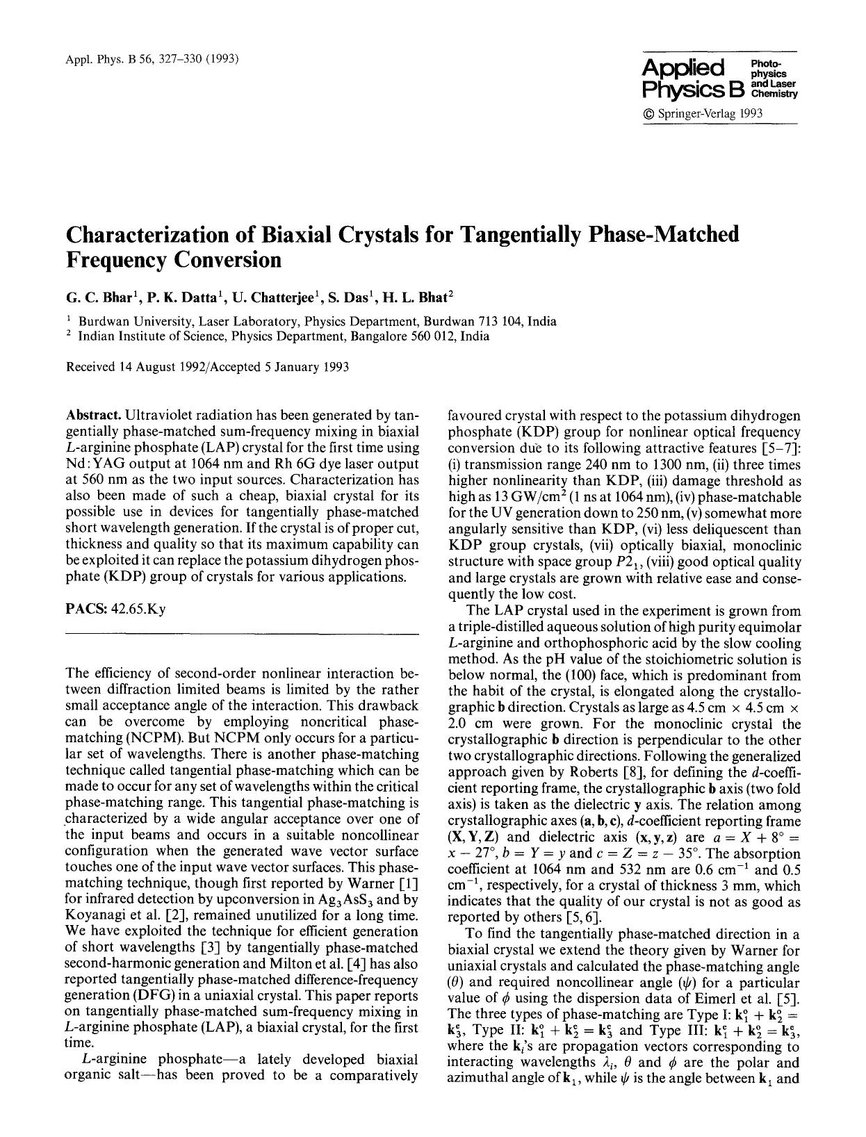 Characterization of biaxial crystals for tangentially phase-matched frequency conversion by Unknown