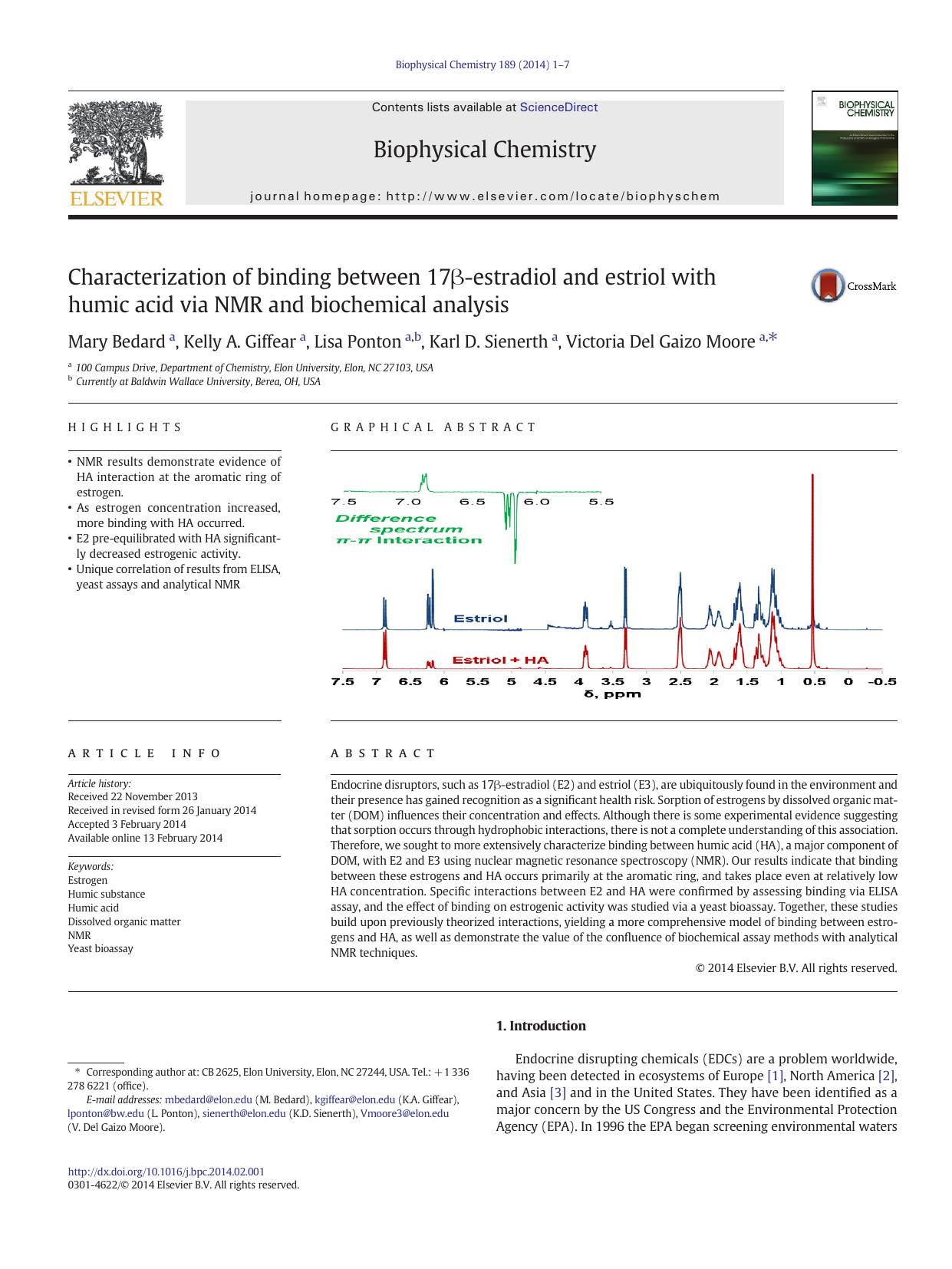 Characterization of binding between 17Î²-estradiol and estriol with humic acid via NMR and biochemical analysis by Mary Bedard & Kelly A. Giffear & Lisa Ponton & Karl D. Sienerth & Victoria Del Gaizo Moore