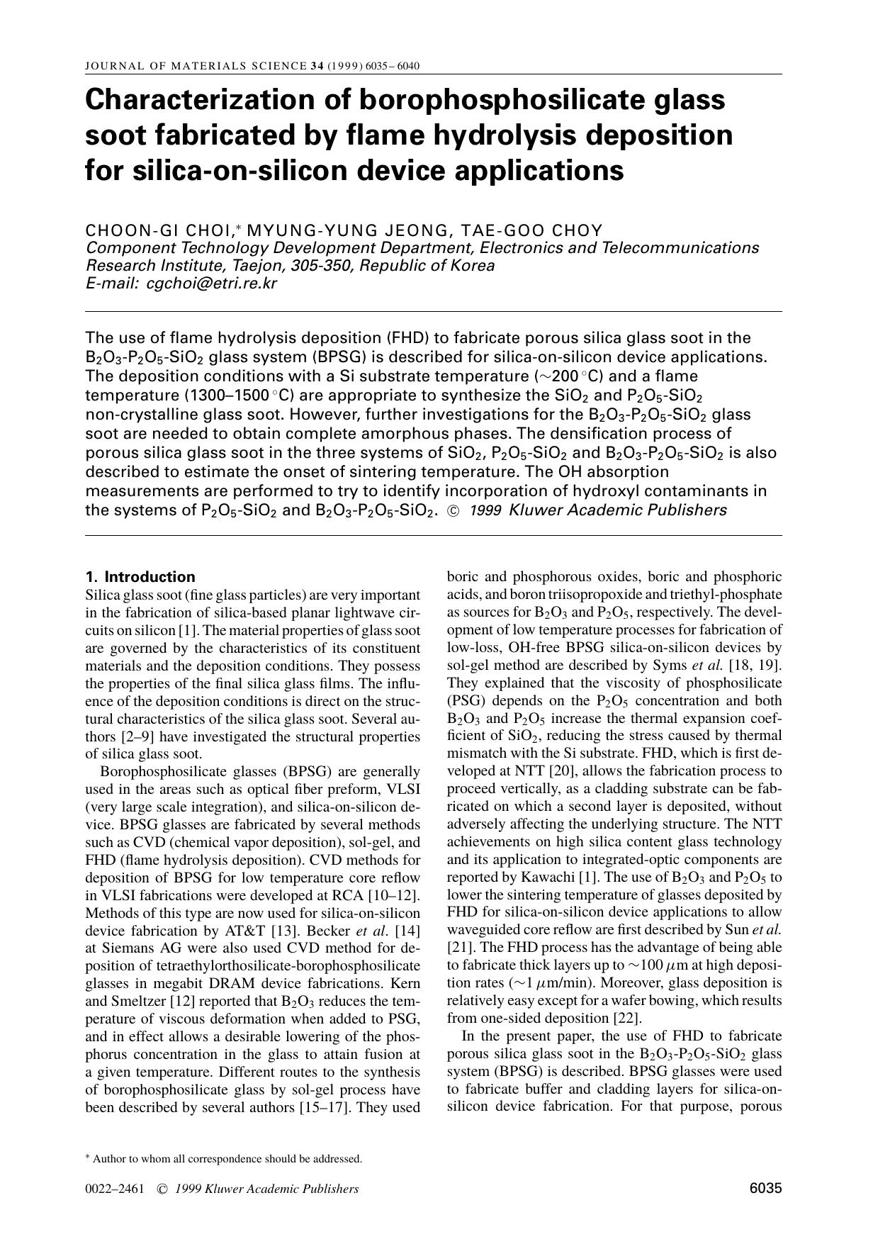 Characterization of borophosphosilicate glass soot fabricated by flame hydrolysis deposition for silica-on-silicon device applications by Unknown