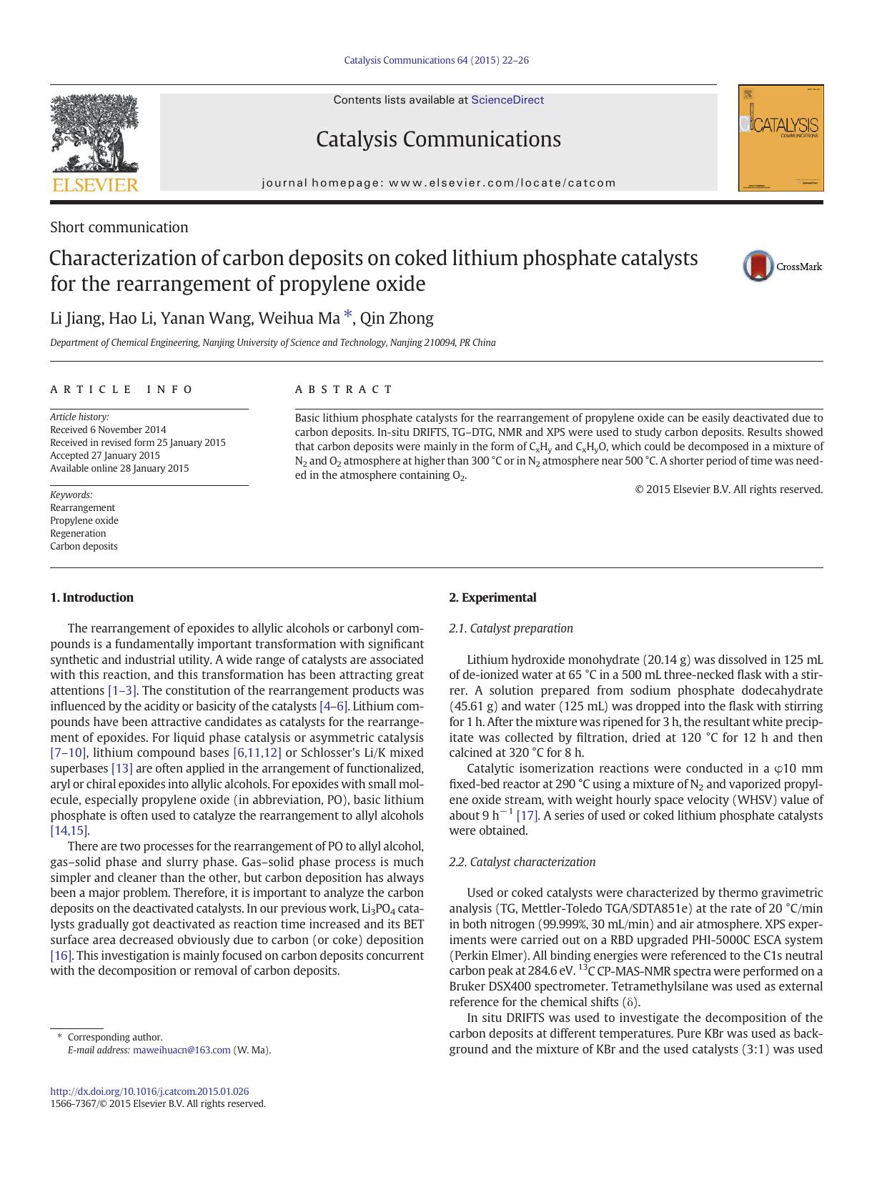 Characterization of carbon deposits on coked lithium phosphate catalysts for the rearrangement of propylene oxide by Li Jiang & Hao Li & Yanan Wang & Weihua Ma & Qin Zhong
