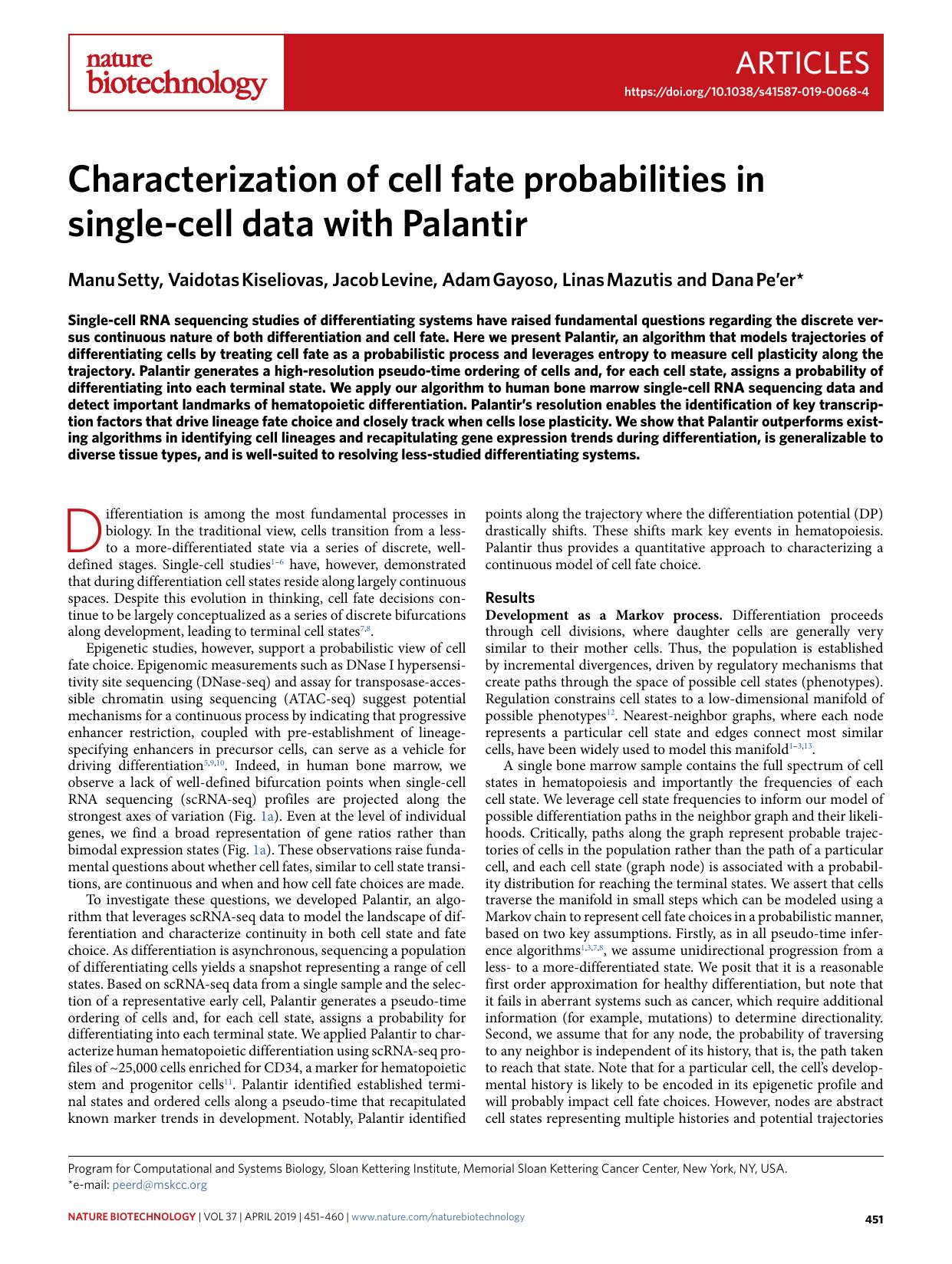 Characterization of cell fate probabilities in single-cell data with Palantir by Manu Setty & Vaidotas Kiseliovas & Jacob Levine & Adam Gayoso & Linas Mazutis & Dana Pe’er