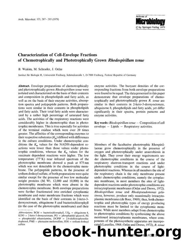 Characterization of cell-envelope fractions of chemotrophically and phototrophically grown <Emphasis Type="Italic">Rhodospirillum tenue<Emphasis> by Unknown