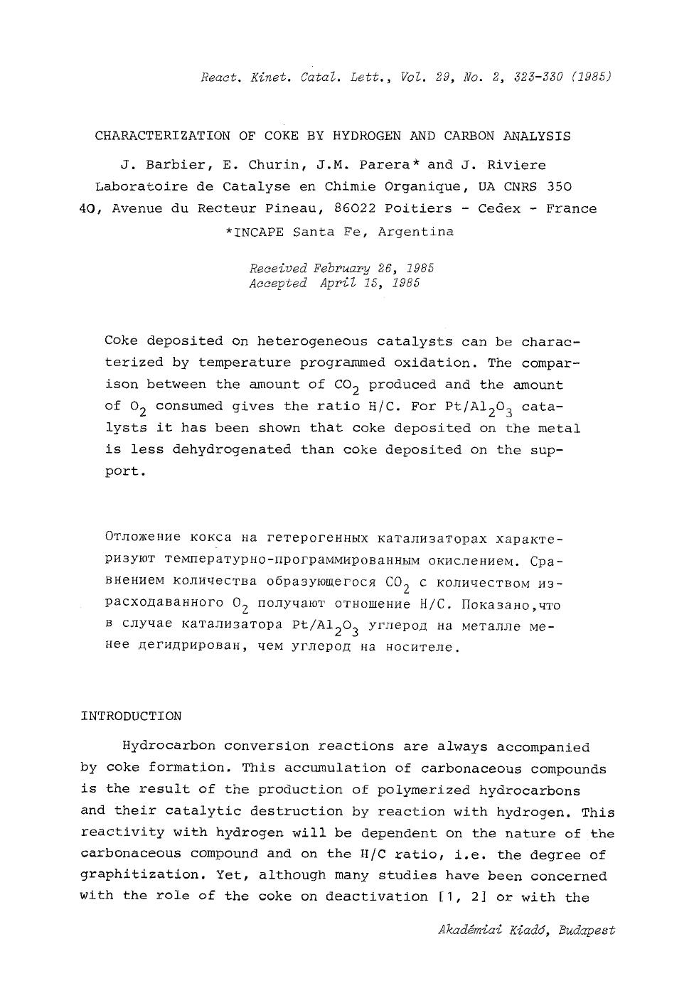 Characterization of coke by hydrogen and carbon analysis by Unknown