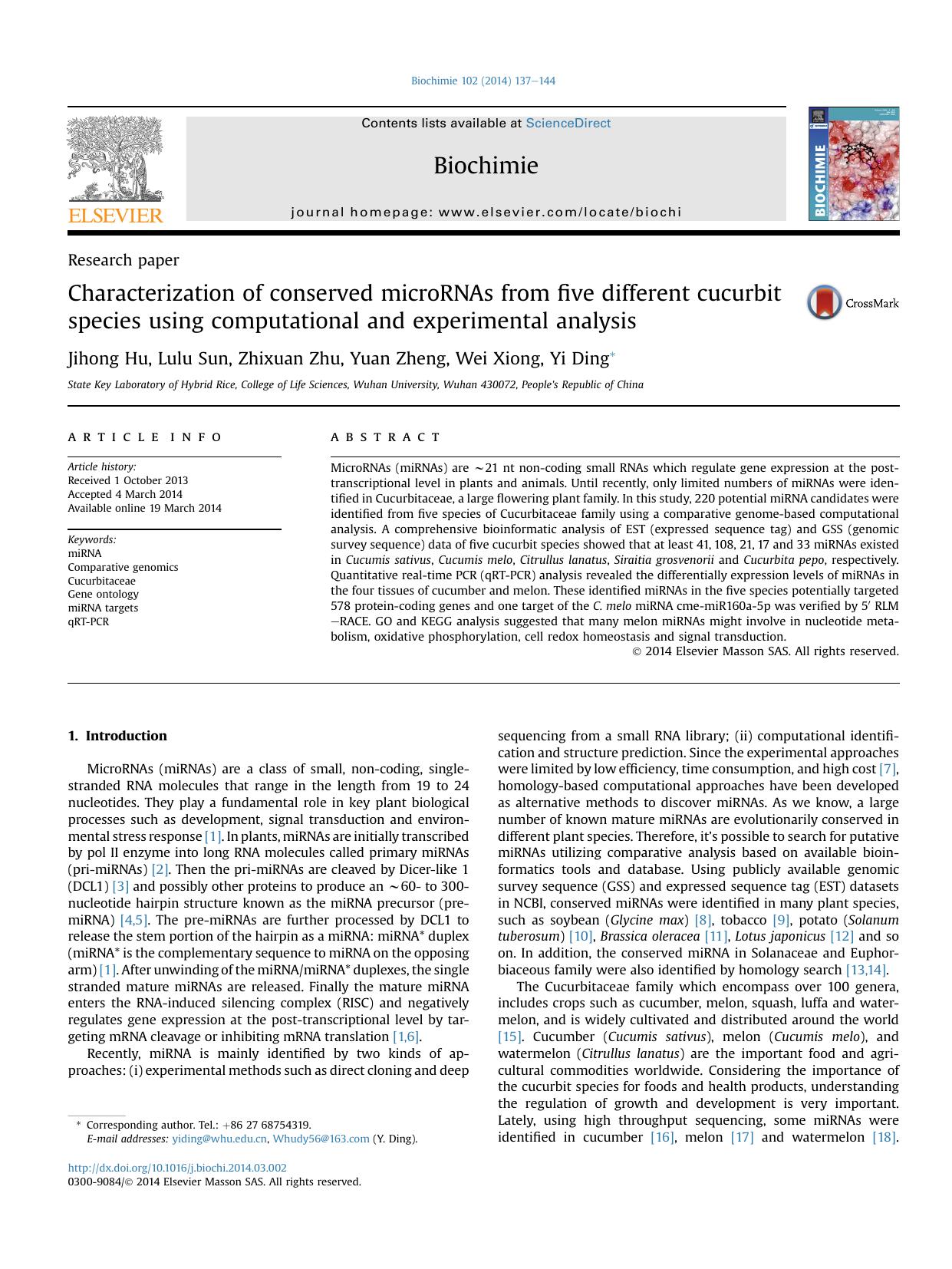 Characterization of conserved microRNAs from five different cucurbit species using computational and experimental analysis by Jihong Hu & Lulu Sun & Zhixuan Zhu & Yuan Zheng & Wei Xiong & Yi Ding