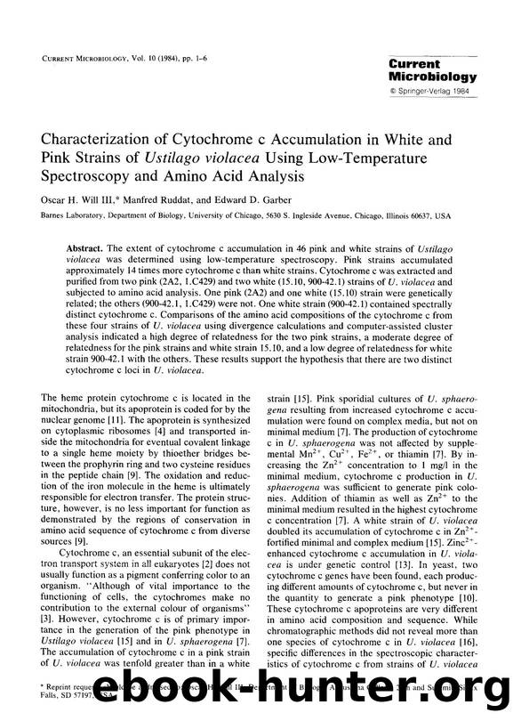 Characterization of cytochrome c accumulation in white and pink strains of <Emphasis Type="Italic">Ustilago violacea <Emphasis> using low-temperature spectroscopy and amino acid analysis by Unknown