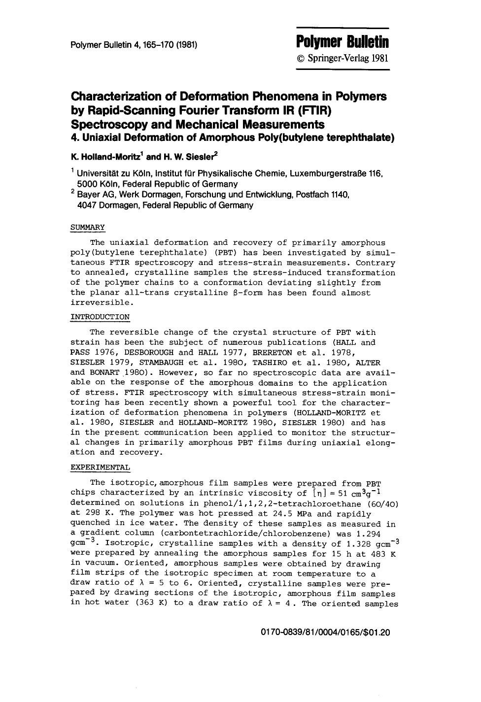 Characterization of deformation phenomena in polymers by rapid-scanning fourier transform IR (FTIR) spectroscopy and mechanical measurements by Unknown