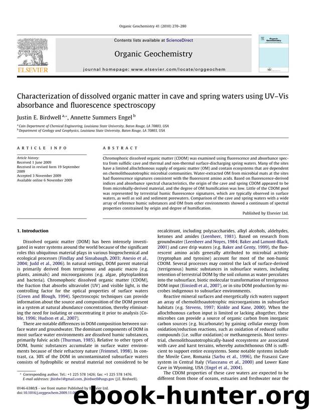 Characterization of dissolved organic matter in cave and spring waters using UVâVis absorbance and fluorescence spectroscopy by Justin E. Birdwell; Annette Summers Engel