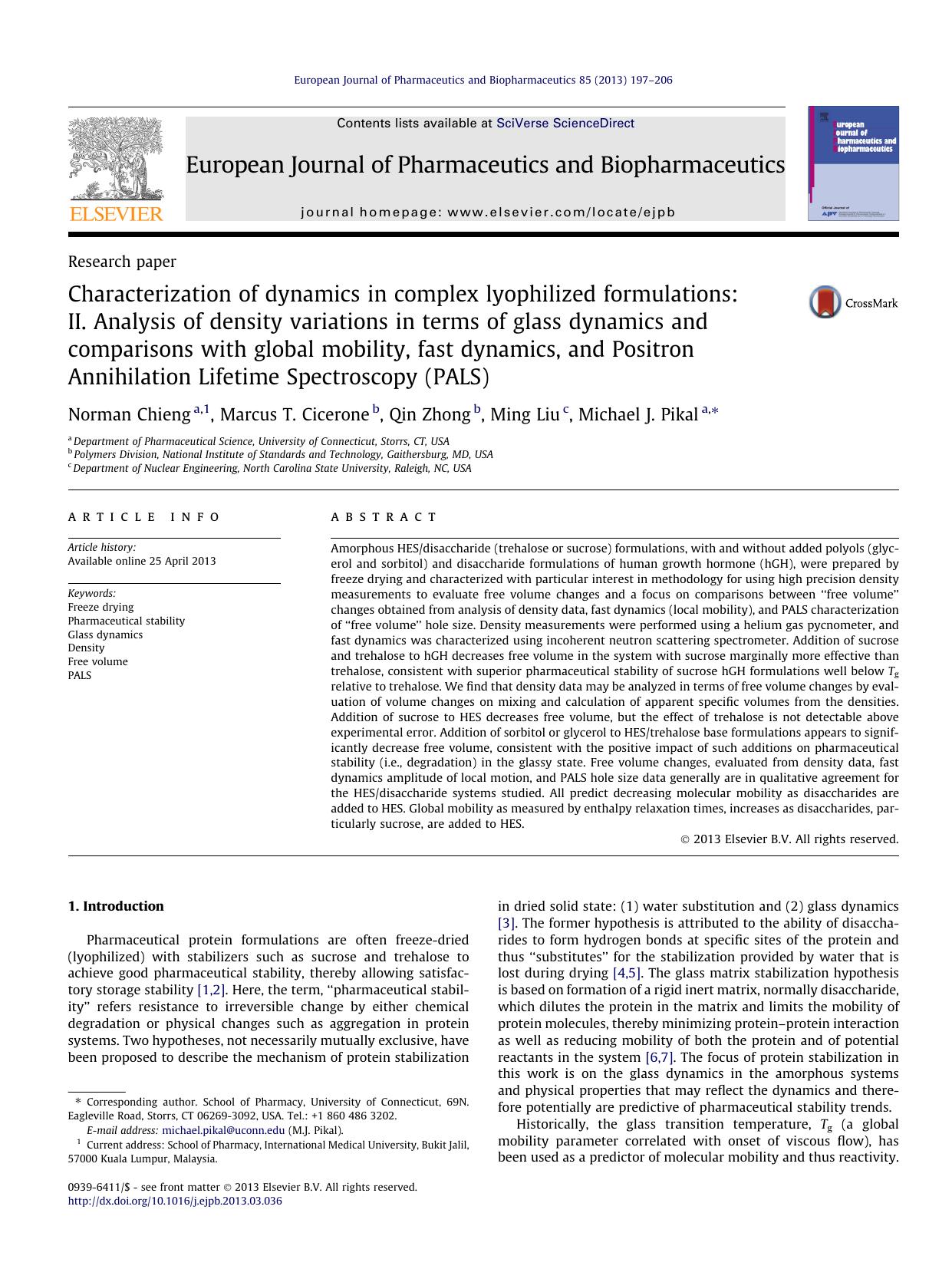 Characterization of dynamics in complex lyophilized formulations: II. Analysis of density variations in terms of glass dynamics and comparisons with global mobility, fast dynamics, by Norman Chieng & Marcus T. Cicerone & Qin Zhong & Ming Liu & Michael J. Pikal
