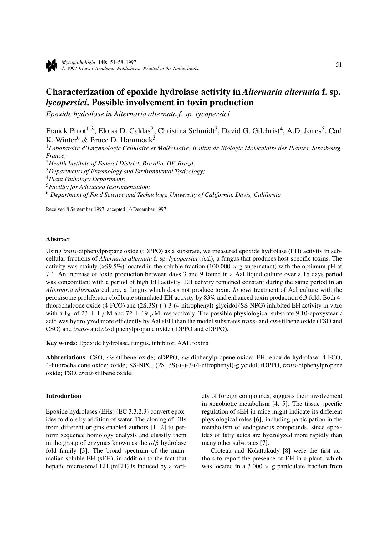 Characterization of epoxide hydrolase activity in shape Alternaria alternata f. sp. shape lycopersici. Possible involvement in toxin production by Unknown