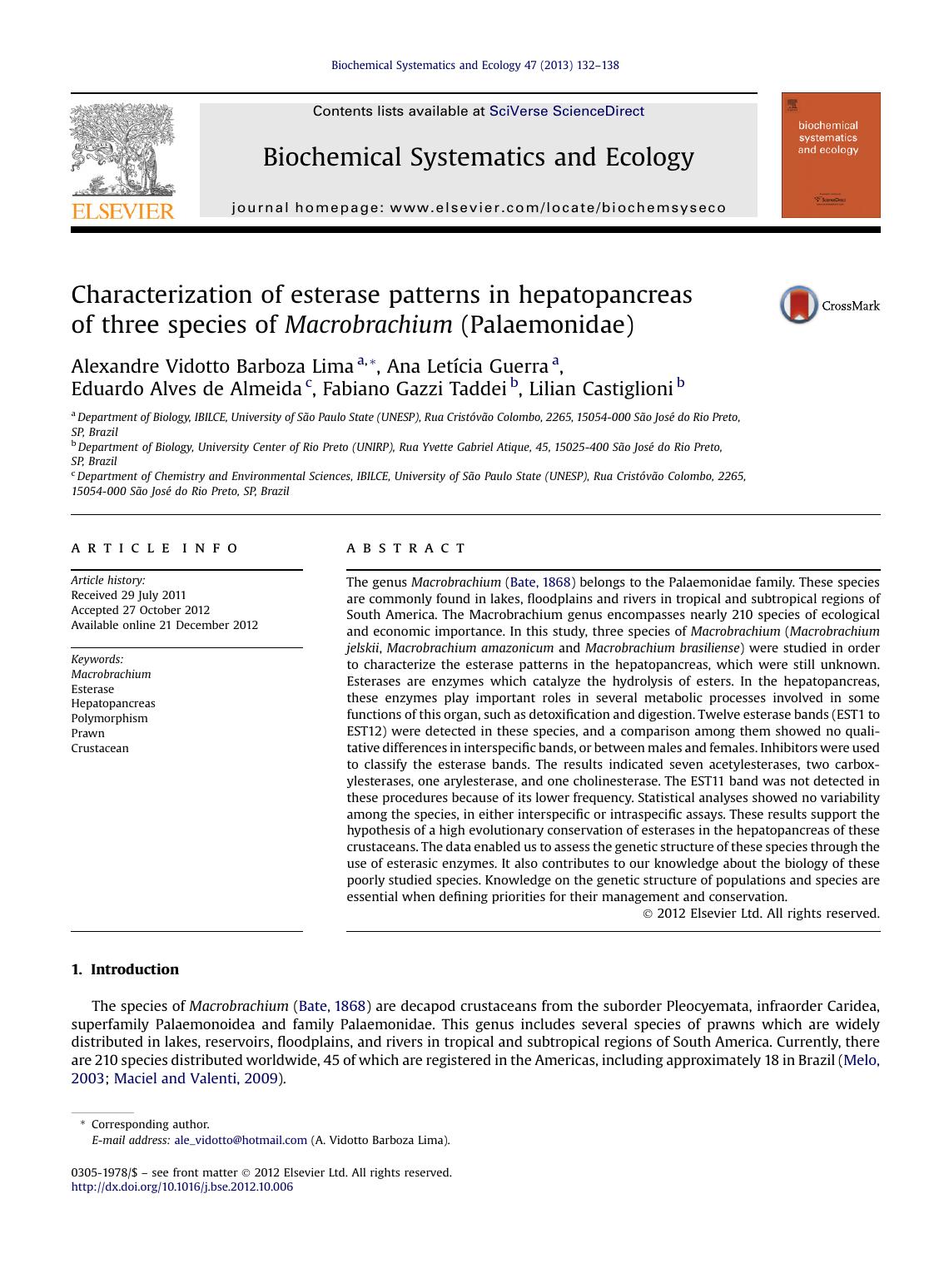 Characterization of esterase patterns in hepatopancreas of three species of Macrobrachium (Palaemonidae) by unknow